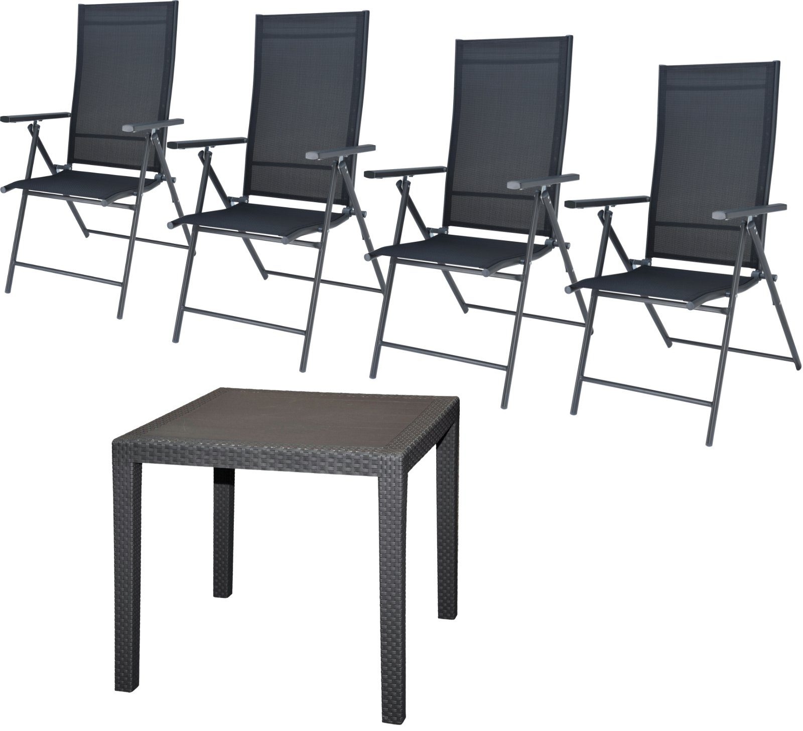 Progarden Garten-Essgruppe Gartenmöbel Anthrazit Tisch + 4 Hochlehner 5 Tlg. Set, (Set, 5-tlg., Tisch + 4 Klappstühle), Gartenmöbel Set, Gartenstuhl, Gartentisch, Möbel, Hochlehner