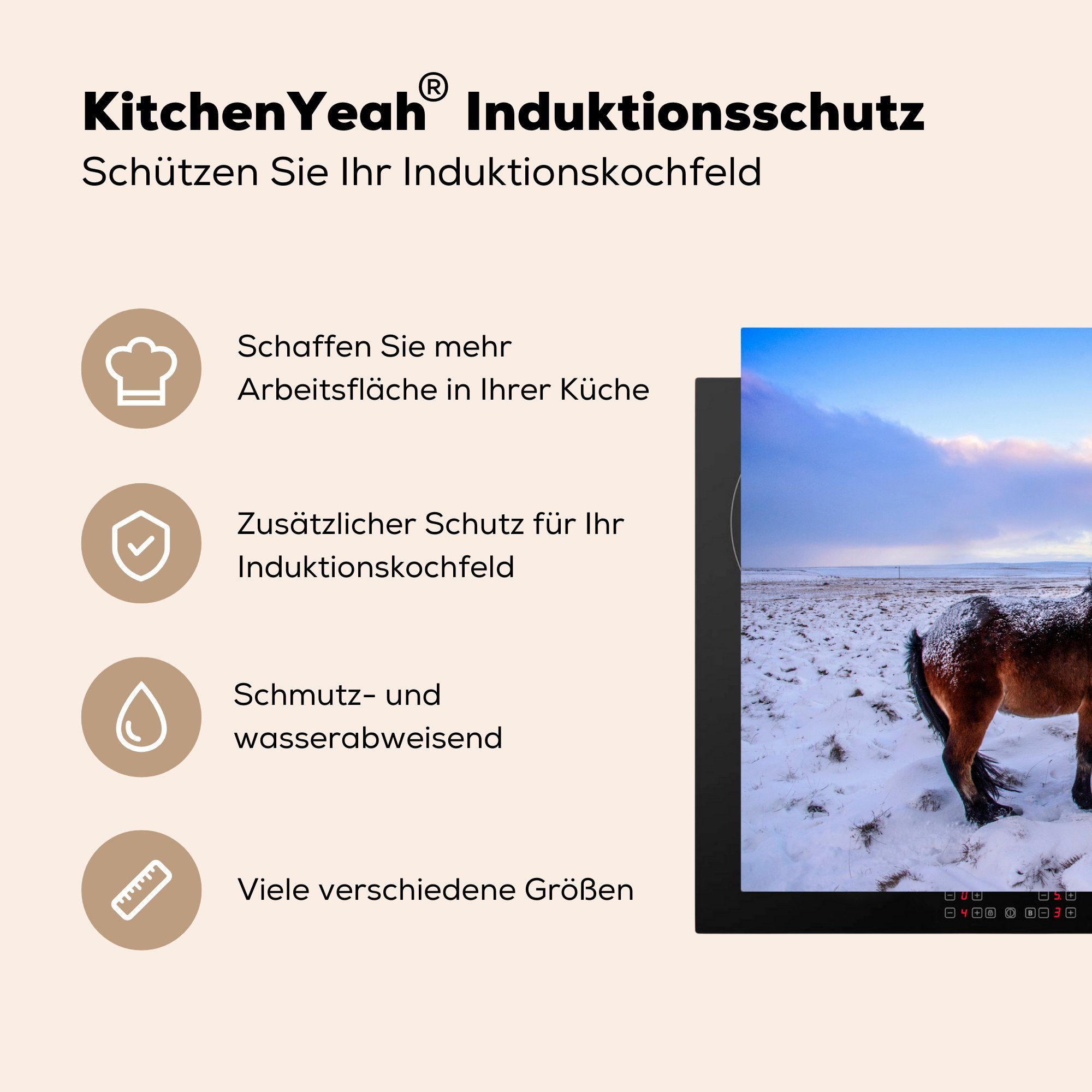 Schnee - küche, 81x52 (1 MuchoWow Wiese Ceranfeldabdeckung Schutz Herdblende-/Abdeckplatte cm, die für Induktionskochfeld Vinyl, Winter, tlg), - Pferde -