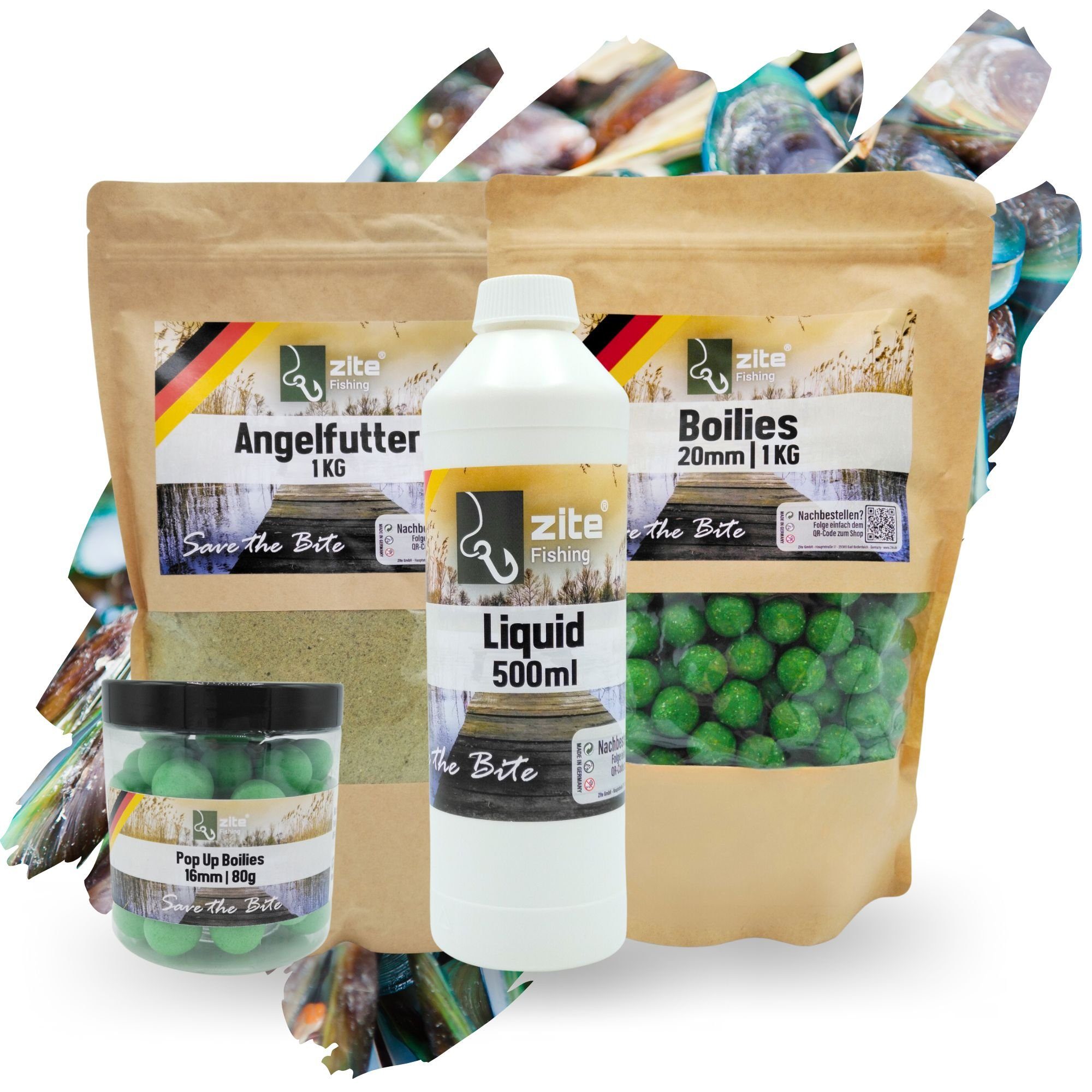 Zite Fischlockstoff Muschel Liquid Angelfutter 1kg 500ml Boilies, 16+20mm und Grundfutter Set