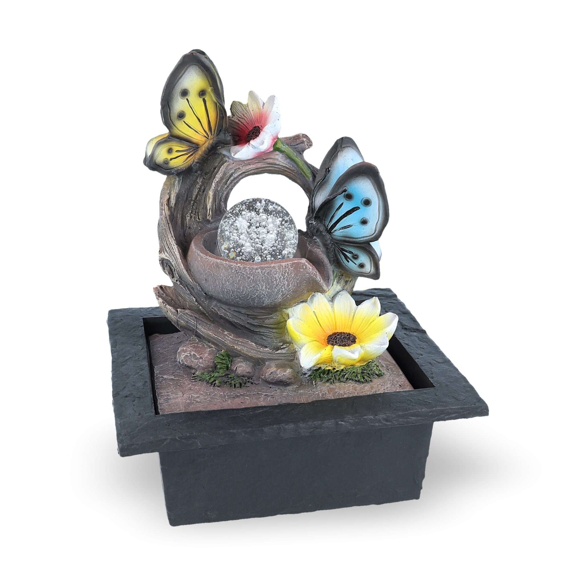 NATIV Zimmerbrunnen Motiv-Tischbrunnen mit Pumpe und Beleuchtung, LED-Beleuchtung Schmetterling