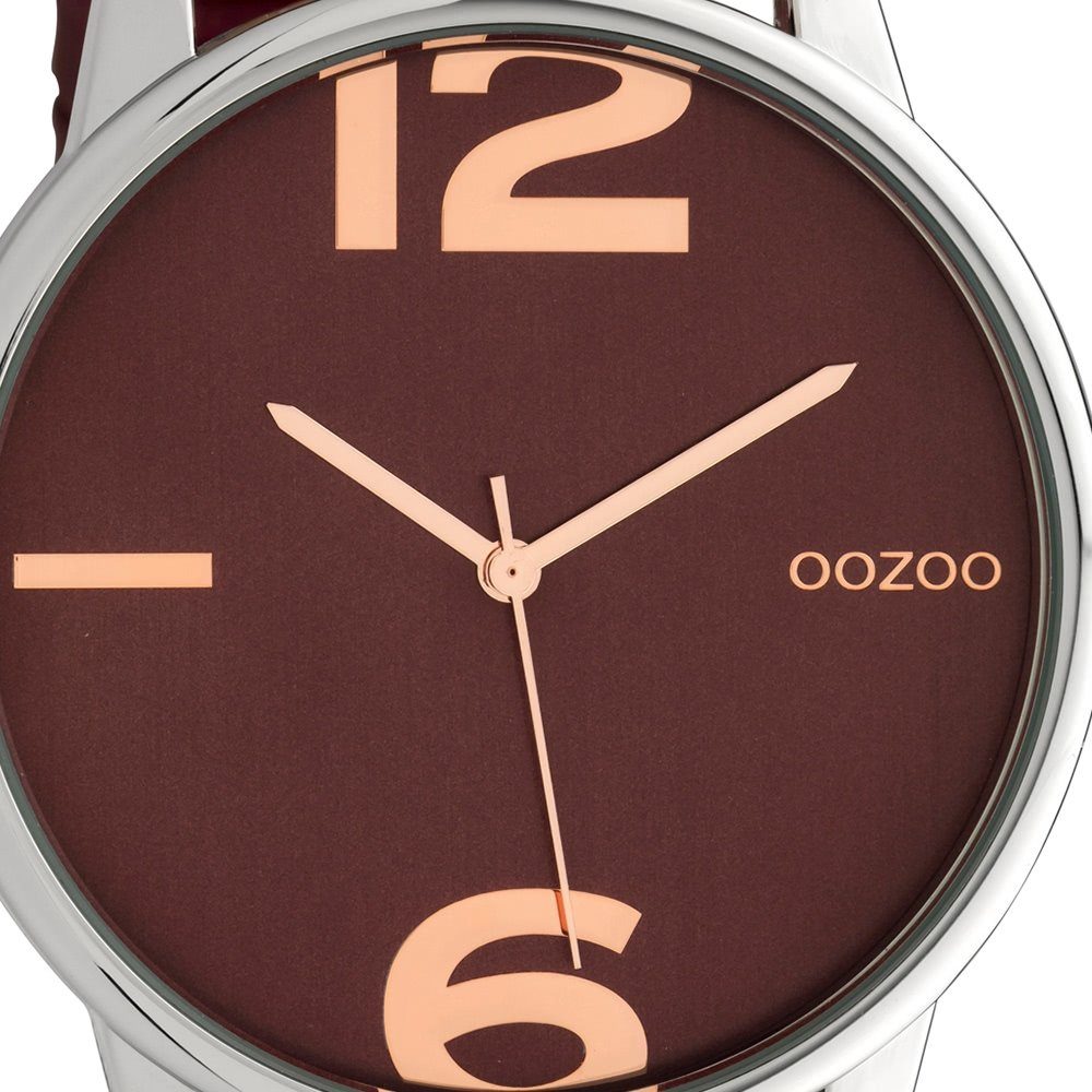 OOZOO Quarzuhr Oozoo Damen Armbanduhr weinrot Analog, (Analoguhr), Damenuhr rund, groß (ca. 45mm) Lederarmband, Fashion-Style