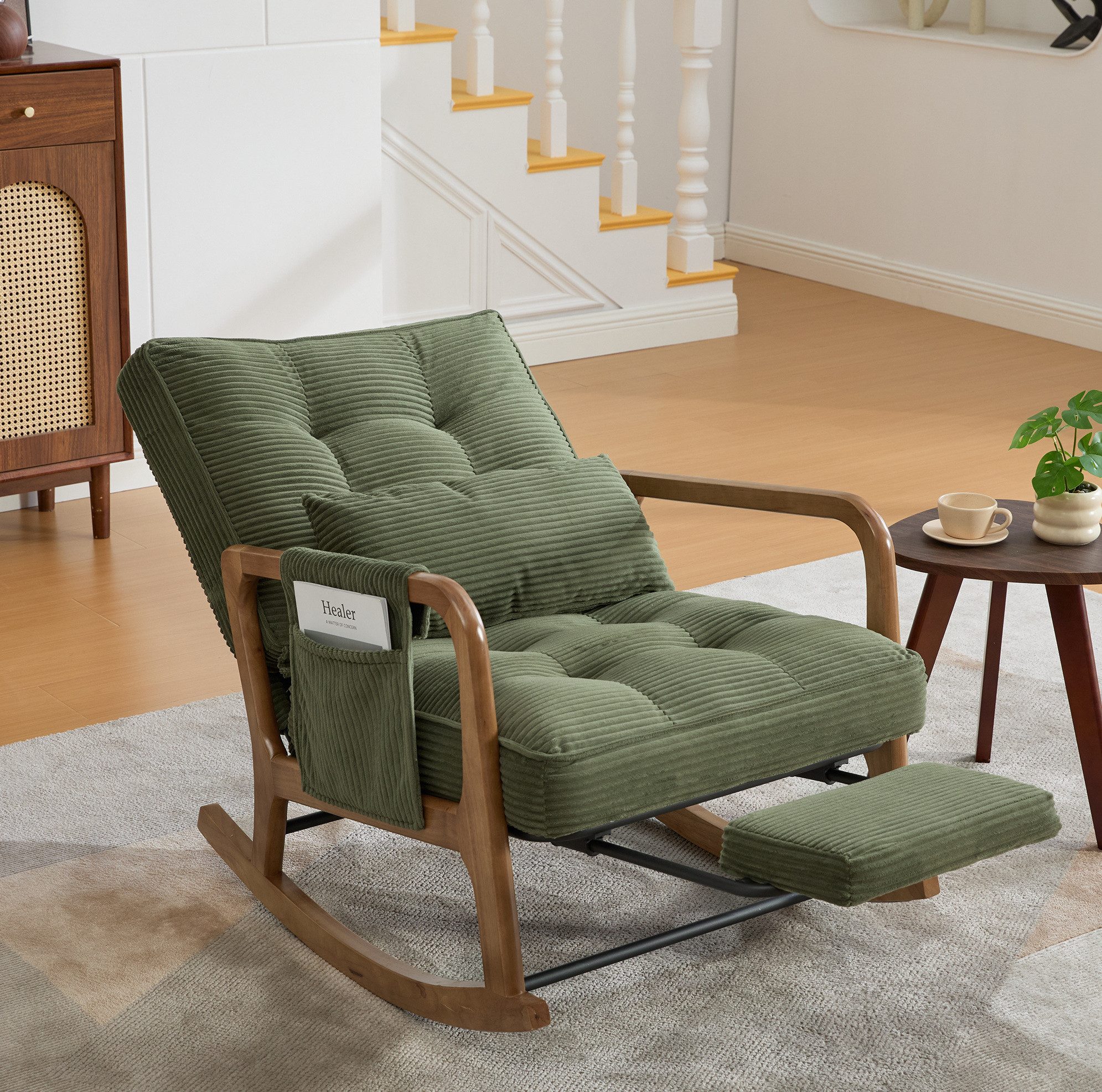 OKWISH Loungesessel Schaukelstuhl (mit verstellbarer Lehne, Fußstütze und praktischen Seitentaschen), Relaxsessel Polstersessel
