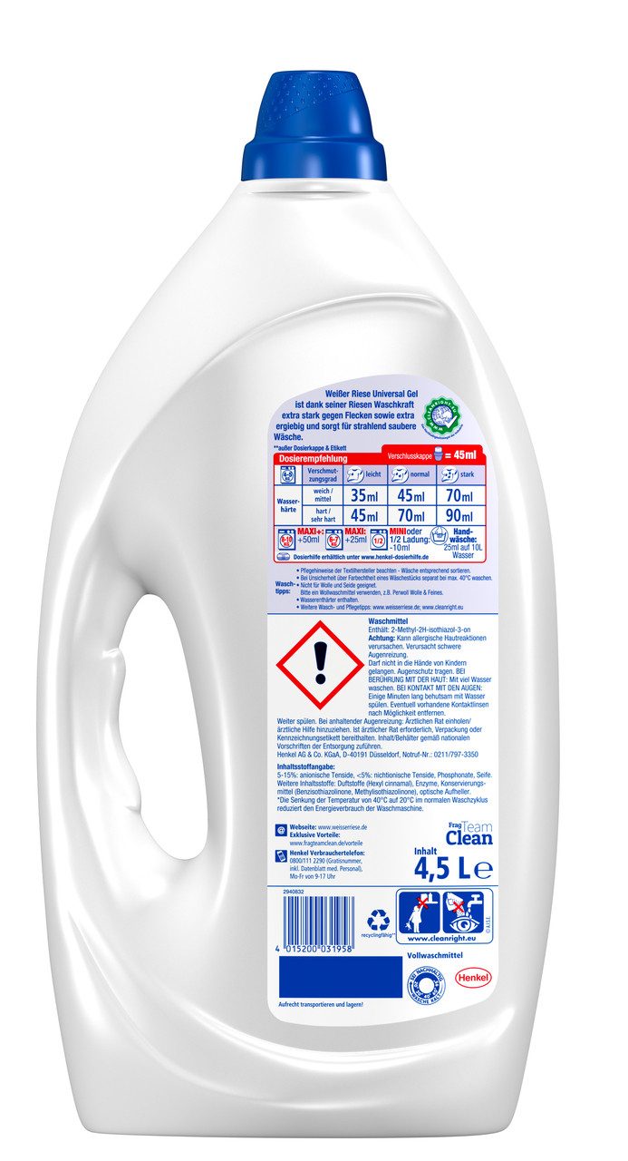 Weißer Riese Weißer Riese Gel Universal 100WL & WC FRISCH Spa Momente 50g Vollwaschmittel (Spar-Pack, [2-St. Flüssigwaschmittel & Toilettenstein für Sauberkeit & Frische)