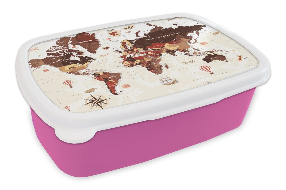 Lunchbox - (2-tlg), Brotbox Brotdose Rot, Mädchen, Braun MuchoWow Erwachsene, Kunststoff, Weltkarte Snackbox, Kinder, - Kunststoff für rosa