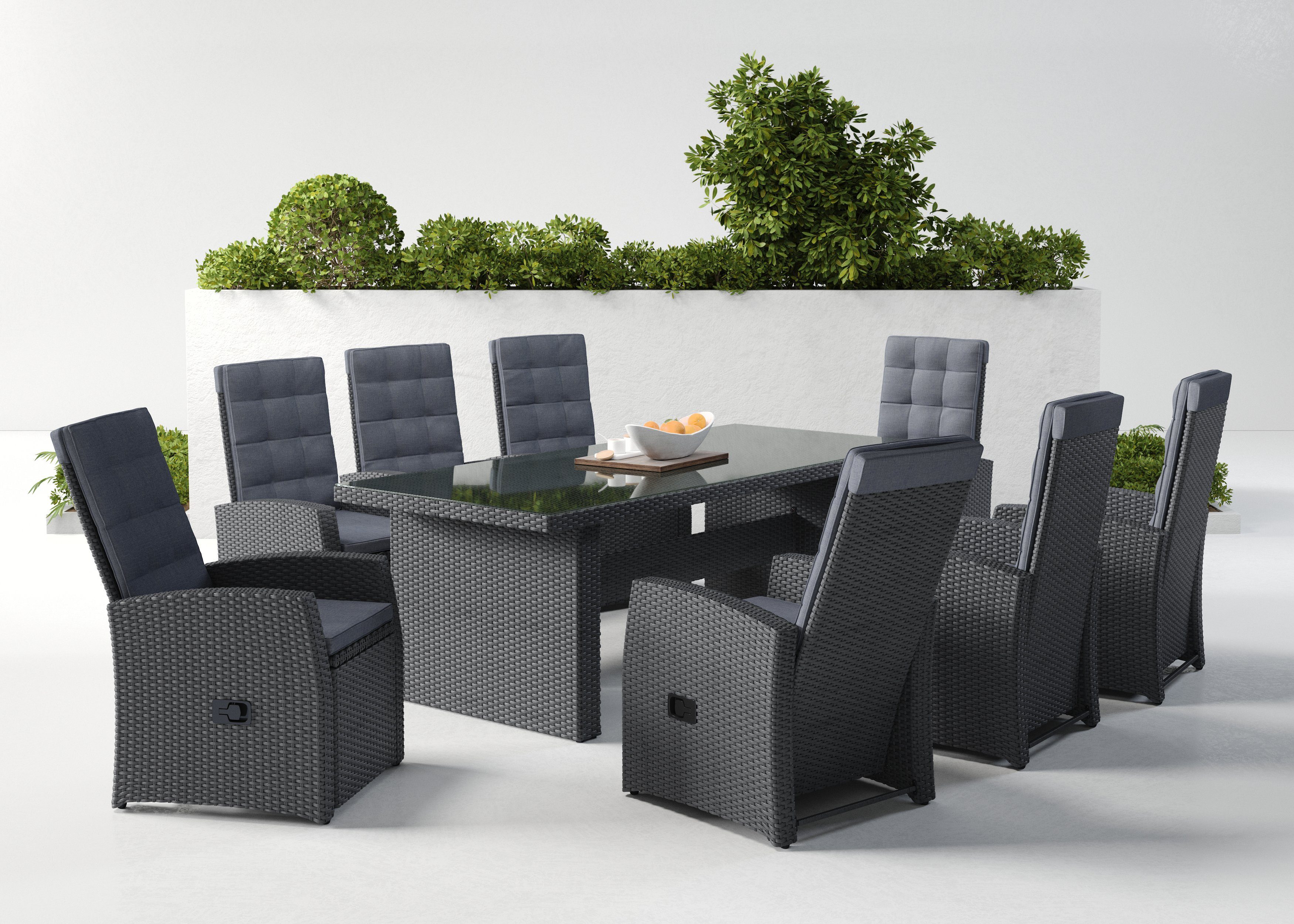 KONIFERA Garten-Essgruppe Paris, (Set, 17-tlg., 8x Sessel, 1x Tisch 230x100x75,5cm, inkl. Auflagen, inkl. Schutzhülle), verstellbare Rückenlehne, Aluminium, Polyrattan