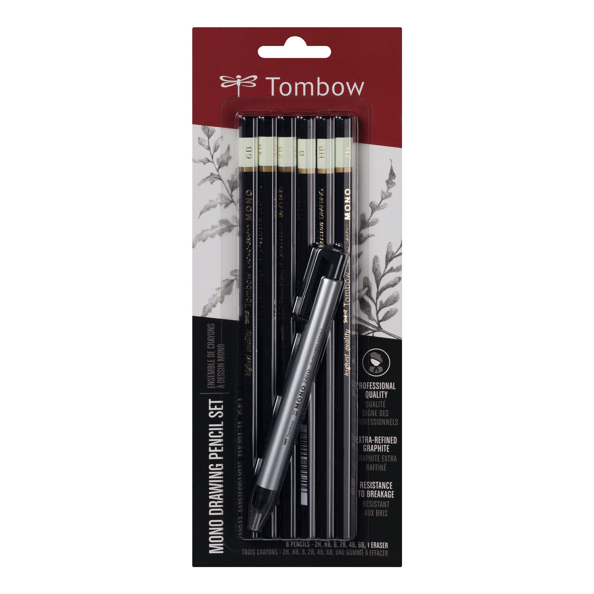 TOMBOW Bleistift MONO Zeichenset, (6er Set), 6 Bleistifte (je 1 x 2H, HB, B, 2B, 4B, 6B) + Radierstift MONO zero