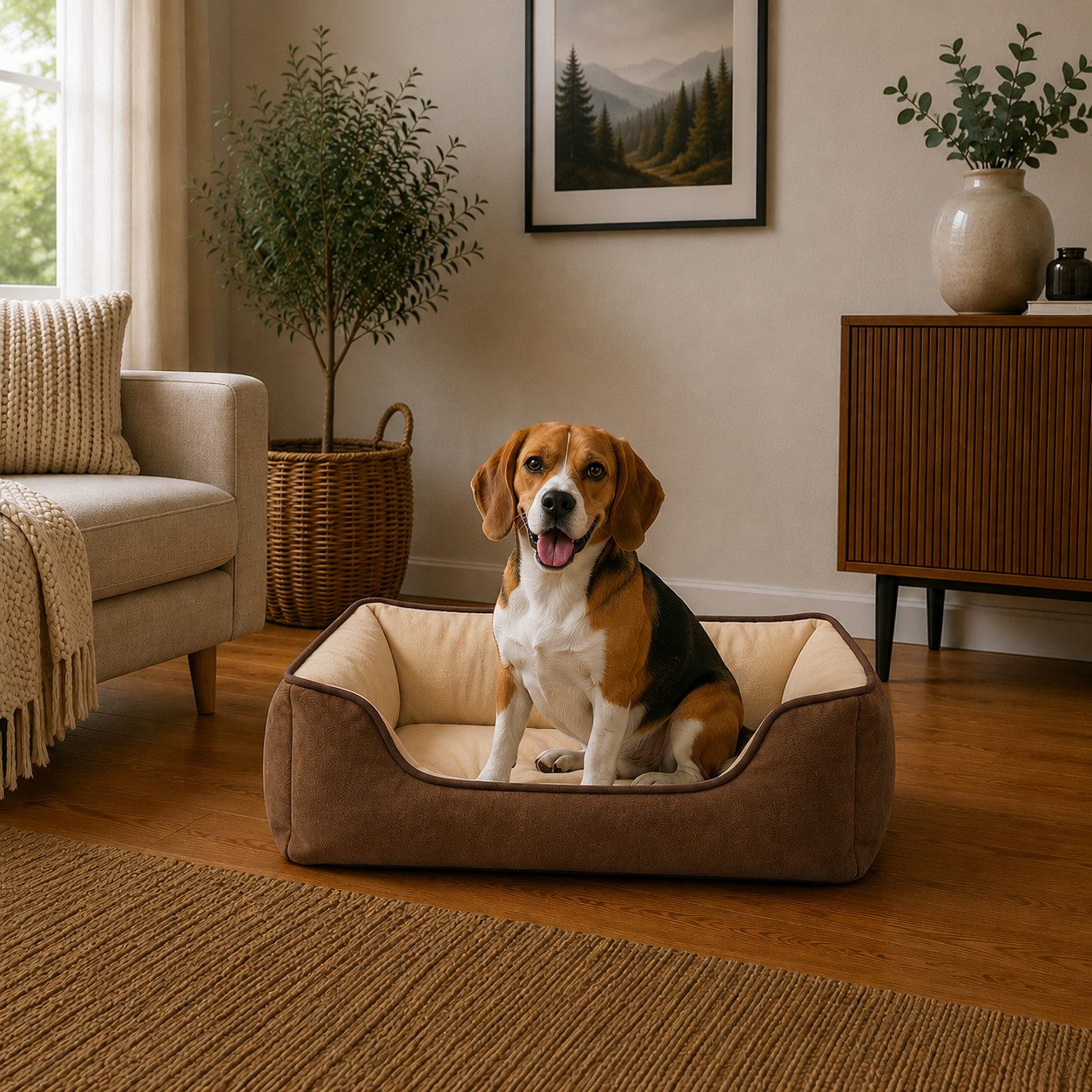 belviona Tierkissen weich gepolstert & pflegeleicht, 80x60 cm, braun/beige, Wildlederimitat, Wendbares Hundekörbchen mit 2-in-1 Funktion