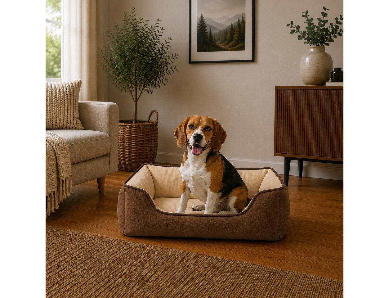 belviona Tierkissen weich gepolstert & pflegeleicht, 80x60 cm, braun/beige, Wildlederimitat, Wendbares Hundekörbchen mit 2-in-1 Funktion