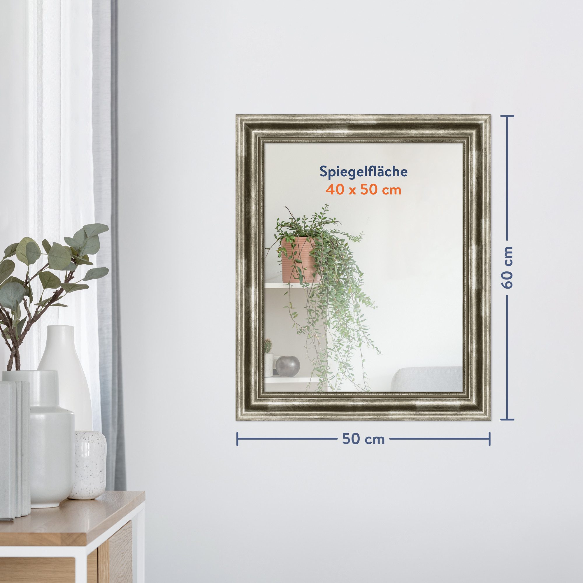 WANDStyle Wandspiegel H550, Silber, aus Massivholz im Antik Stil