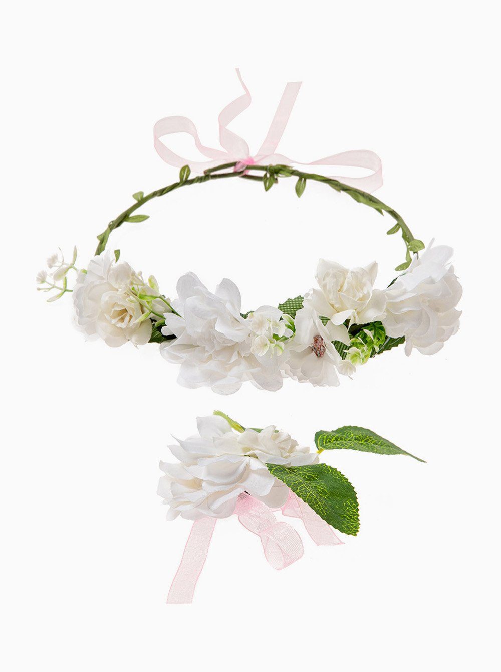 axy Diadem Haarkranz Blumen Blumenkranz Damen Mädchen Stirnband (Blumenkranz und Blumenarmband als Set), Verstellbarer für Hochzeit Karneval Festival Weiss