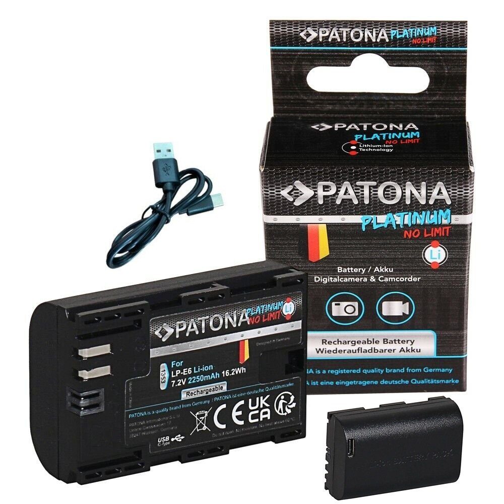 Patona Platinum Akku mit USB-C Eingang für Canon LP-E6 Kamera-Akku Ersatzakku Kameraakku 2250 mAh (7,2 V, 1 St), Canon LP-E6 LPE6 EOS 60D 70D 5D 6D 7D Mark III