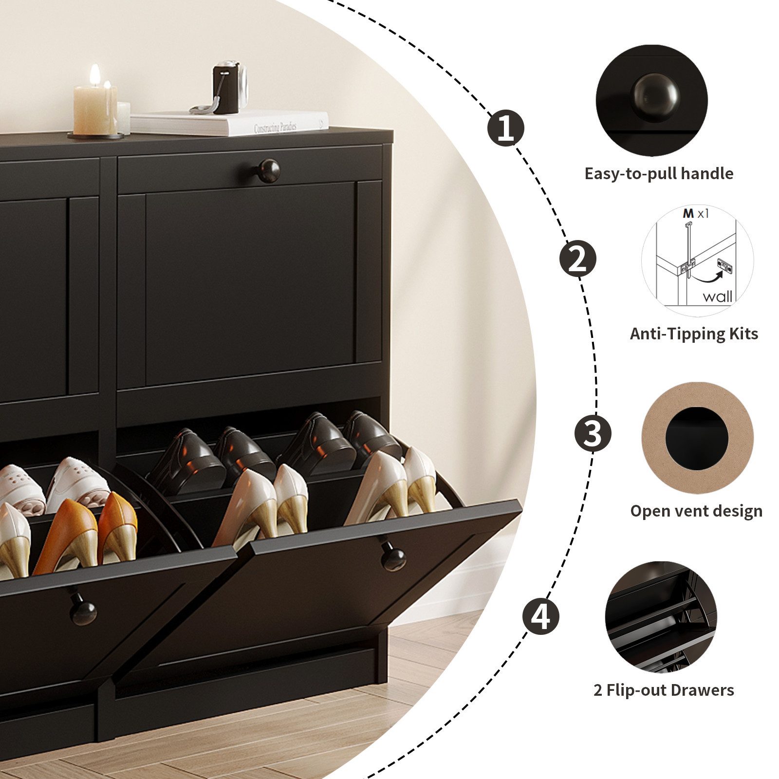 VOWNER Schuhschrank mit 4 Klappen, schmaler, 8 Fächer