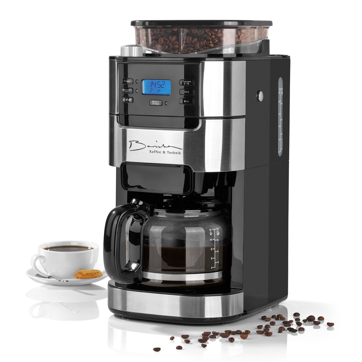 Barista Kaffeemaschine mit Mahlwerk, 1.5l Kaffeekanne, 900W Edelstahl