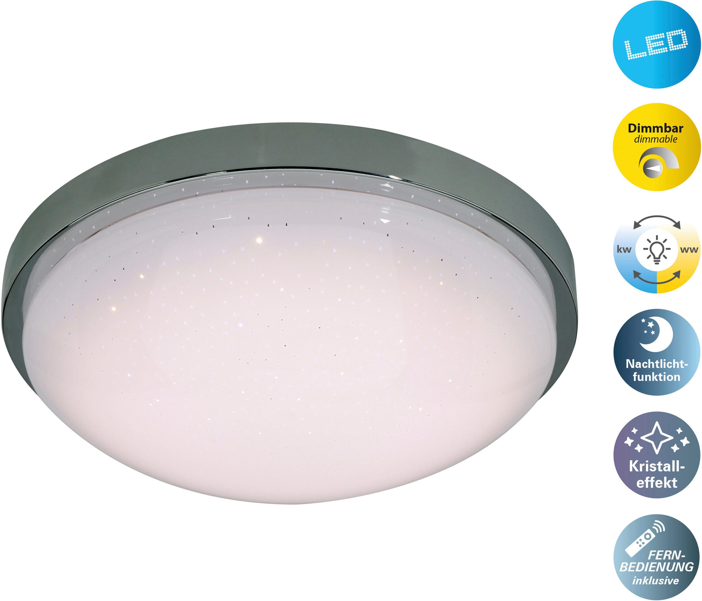 näve LED Deckenleuchte Catania, LED fest integriert, warmweiß - kaltweiß, Kristalleffekt, Memory,Nachtlicht, IR-Fernbedienung kalt/warmweiß