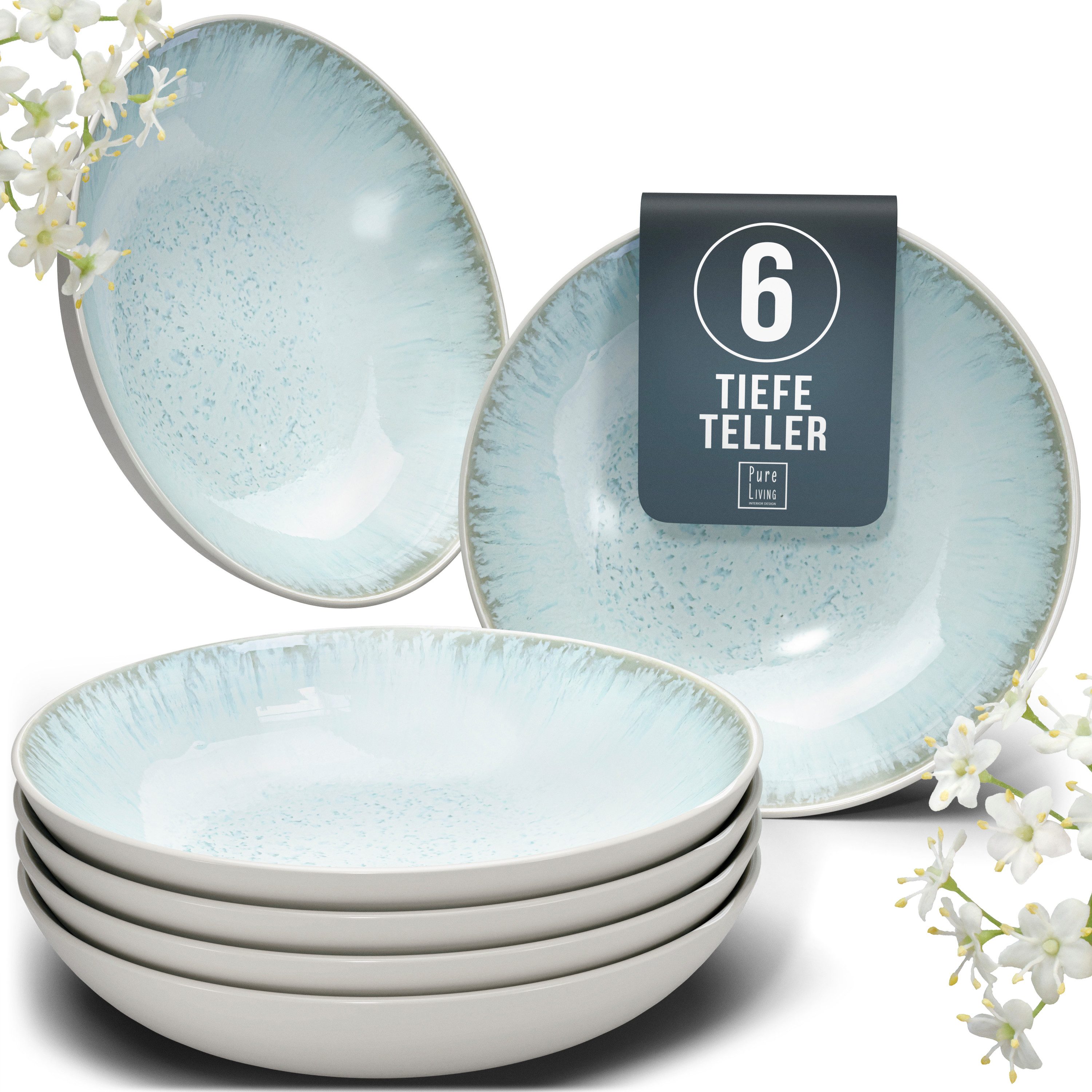 PURE LIVING INTERIOR DESIGN Geschirr-Set Ibiza, 6er-Set Suppenteller, 20 cm, Riffelstruktur, Beige Blau (6-tlg), 6 Personen, Steingut