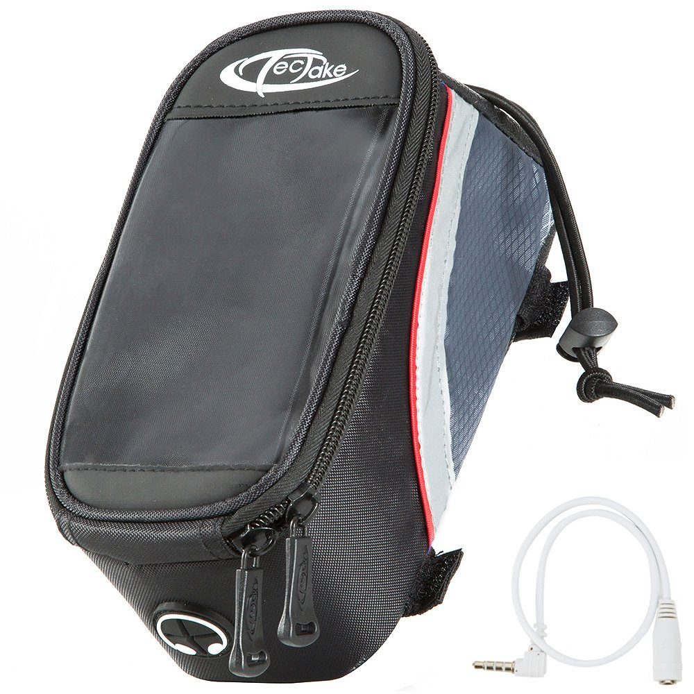 tectake Fahrradtasche Fahrradhandytasche, Zusätzliche Spannseil-Sicherung, (Gepäckträgertasche, in schwarz/grau/rot), Wasserabweisend, Handyfach mit Sichtfenster, Audio-Verlängerungskabel