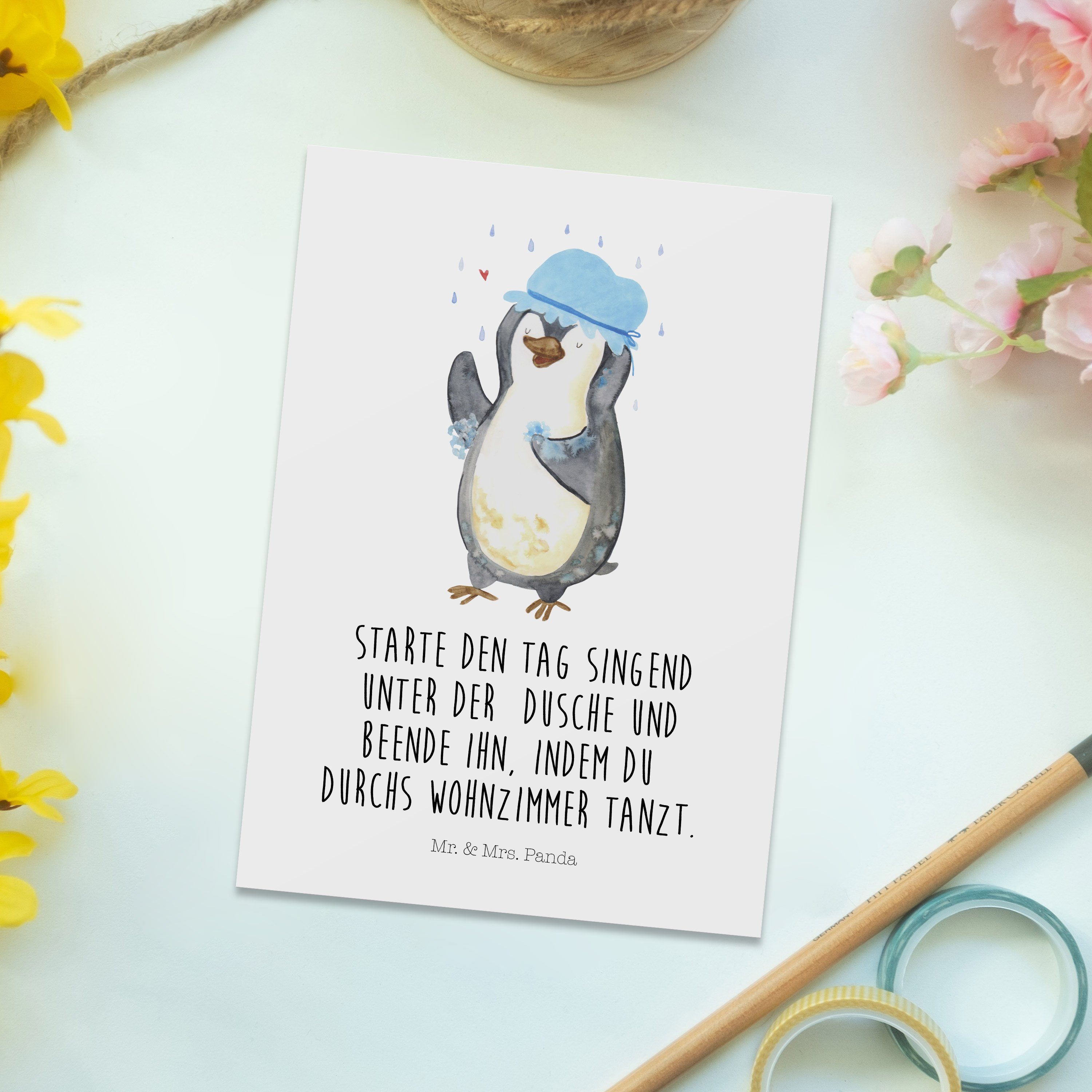 duschen, Mrs. Motivation, Postkarte Pinguin duscht Panda G - Weiß Lebensmotto, & Mr. - Geschenk,