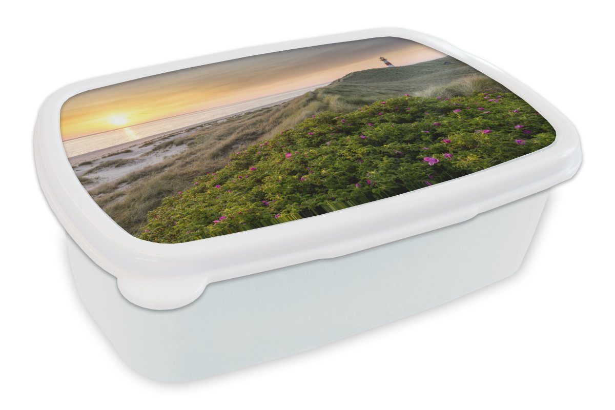 Berg Kunststoff, weiß MuchoWow Lunchbox (2-tlg), Kinder Brotdose, - Mädchen Erwachsene, für Jungs Wasser, - Leuchtturm und Blumen und - Brotbox für