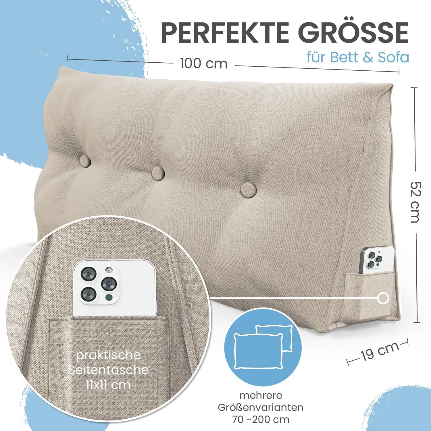 ELONEO Rückenkissen Keilkissen für Bett und Sofa, Lesekissen mit praktischem Seitenfach, 1-tlg., mit praktischem Seitenfach, Lesekissen, mit waschbarem Bezug