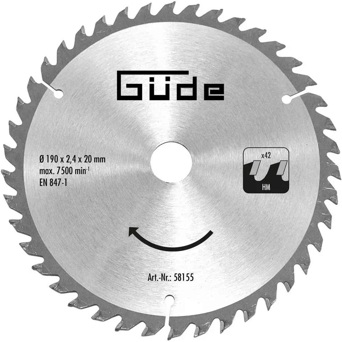 Güde Kreissägeblatt Güde HM-Sägeblatt HM 190x20x42Z für Handkreissäge