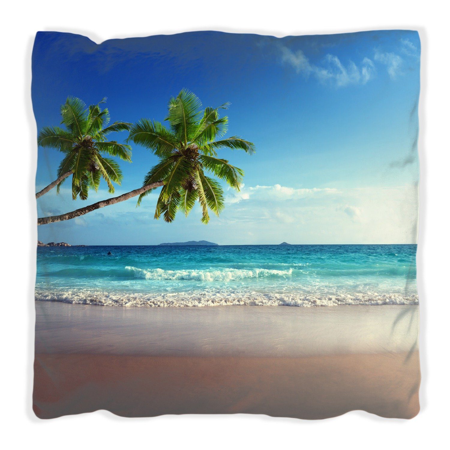 Wallario Dekokissen Sandstrand auf den Seychellen - Urlaub unter Palmen, handgenäht