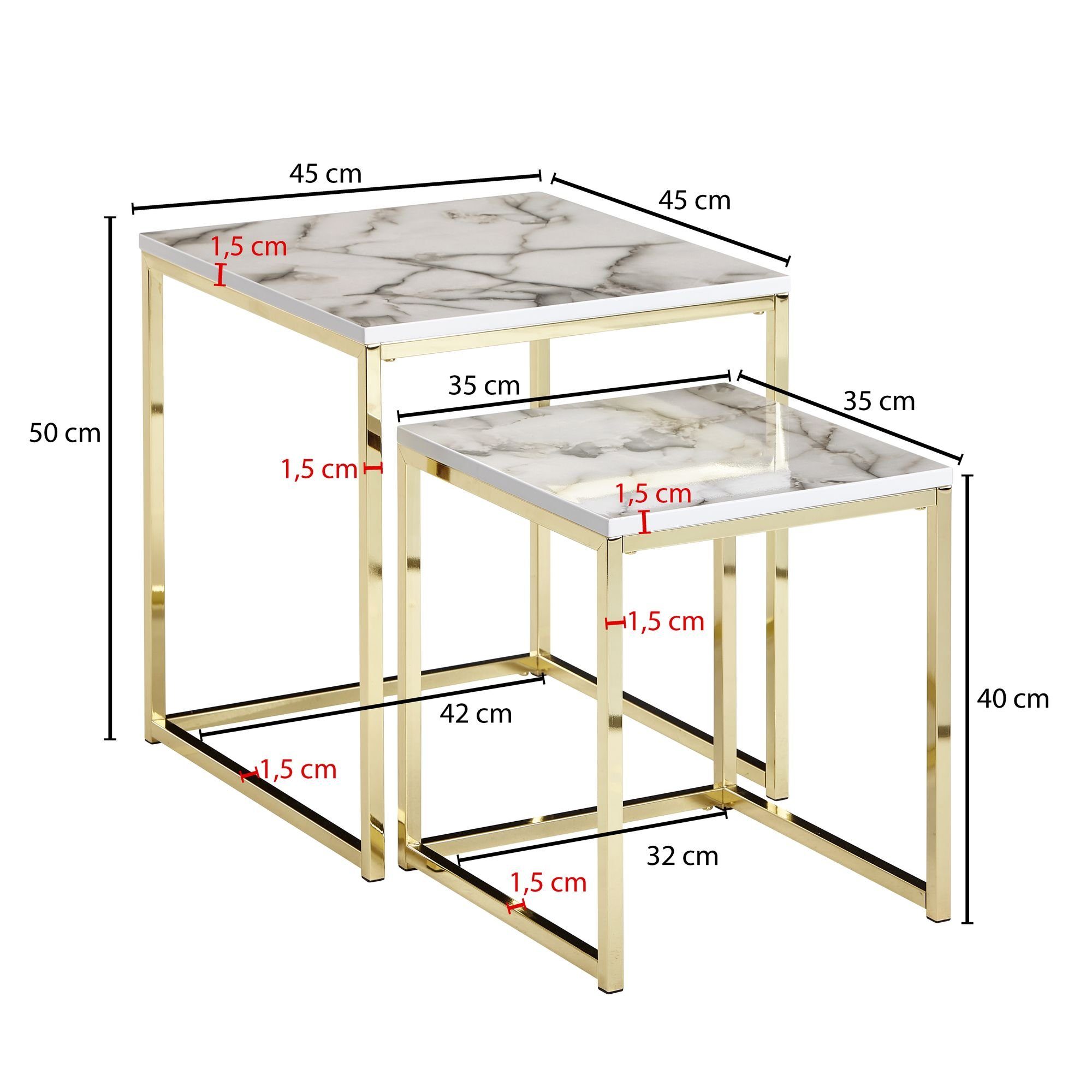 Anstelltisch Beistelltisch), (2er WL6.249 Couchtisch Klein Marmor Wohnling Satztisch Weiß Modern 2-teilig, Eckig, Optik Set