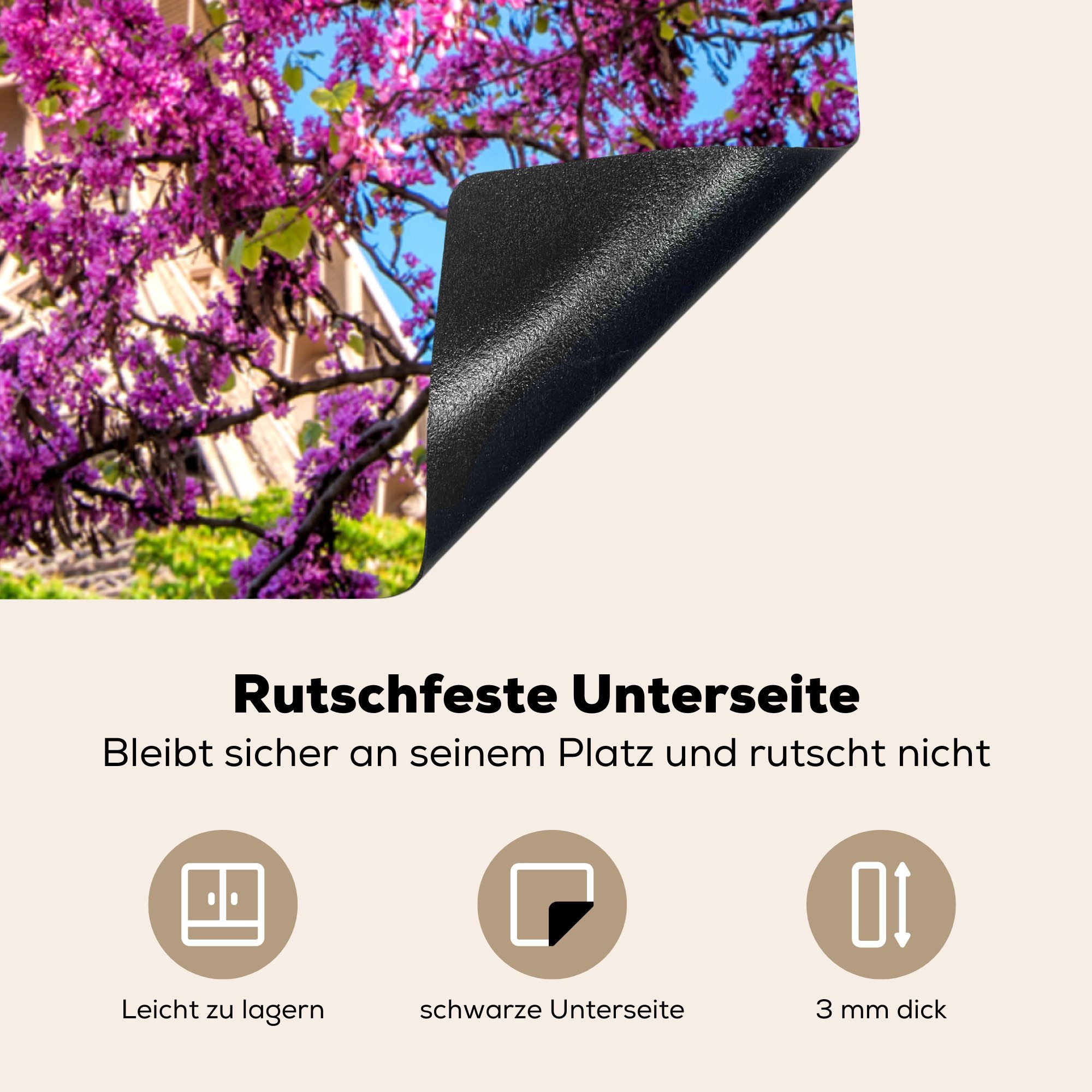 78x78 für - Eiffelturm (1 cm, Baum Rosa, Arbeitsplatte - Herdblende-/Abdeckplatte küche MuchoWow Vinyl, tlg), Ceranfeldabdeckung,