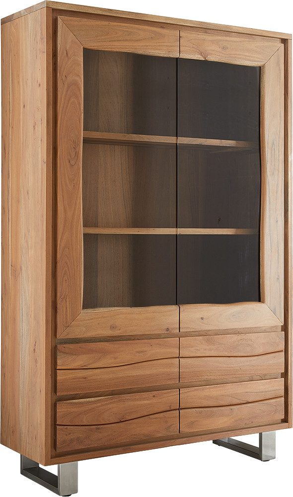 DELIFE Vitrine Live-Edge Akazie Natur 120x190 cm 2 Türen 4 Schubladen gerade Kante