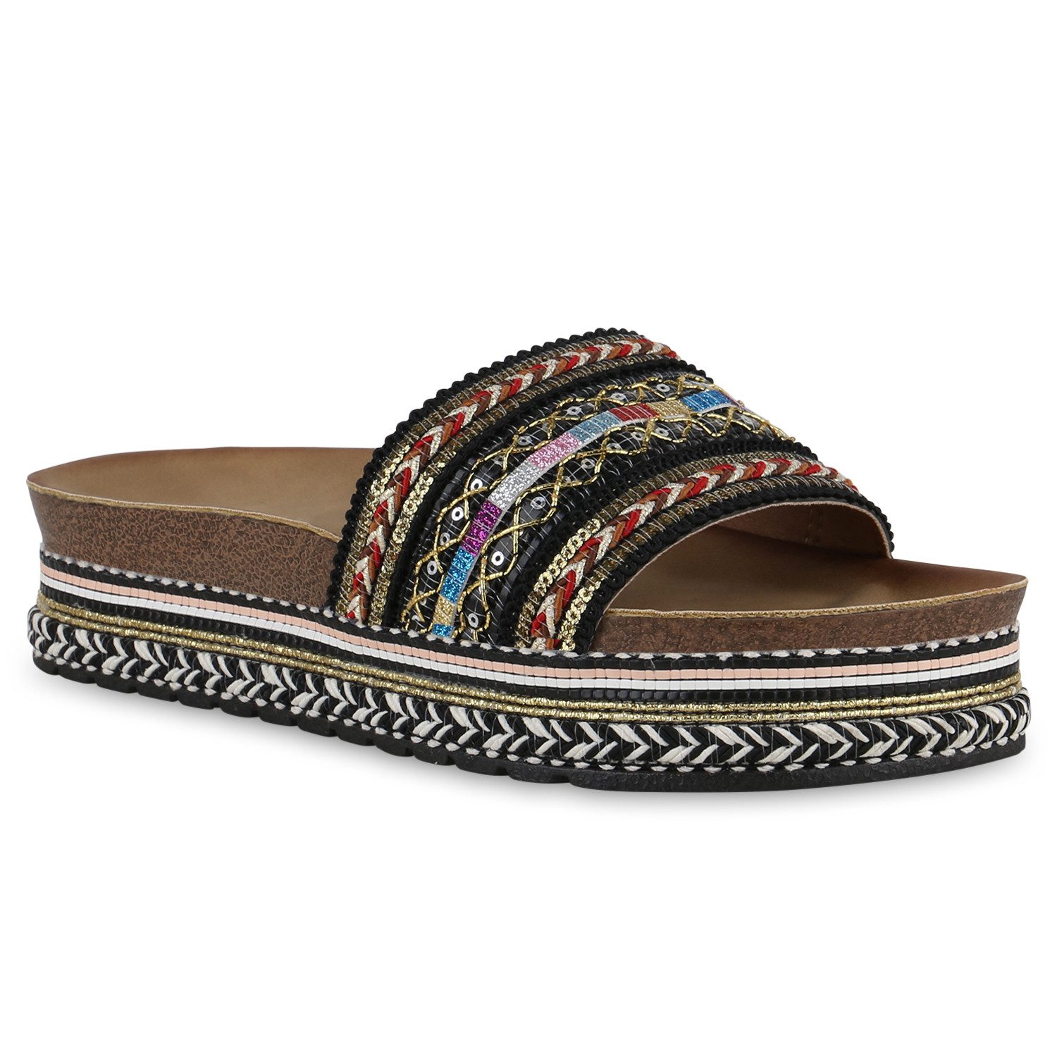 VAN HILL 841101 Sandalette Damen Pantoletten Sandaletten Plateau Glitzer Pailletten