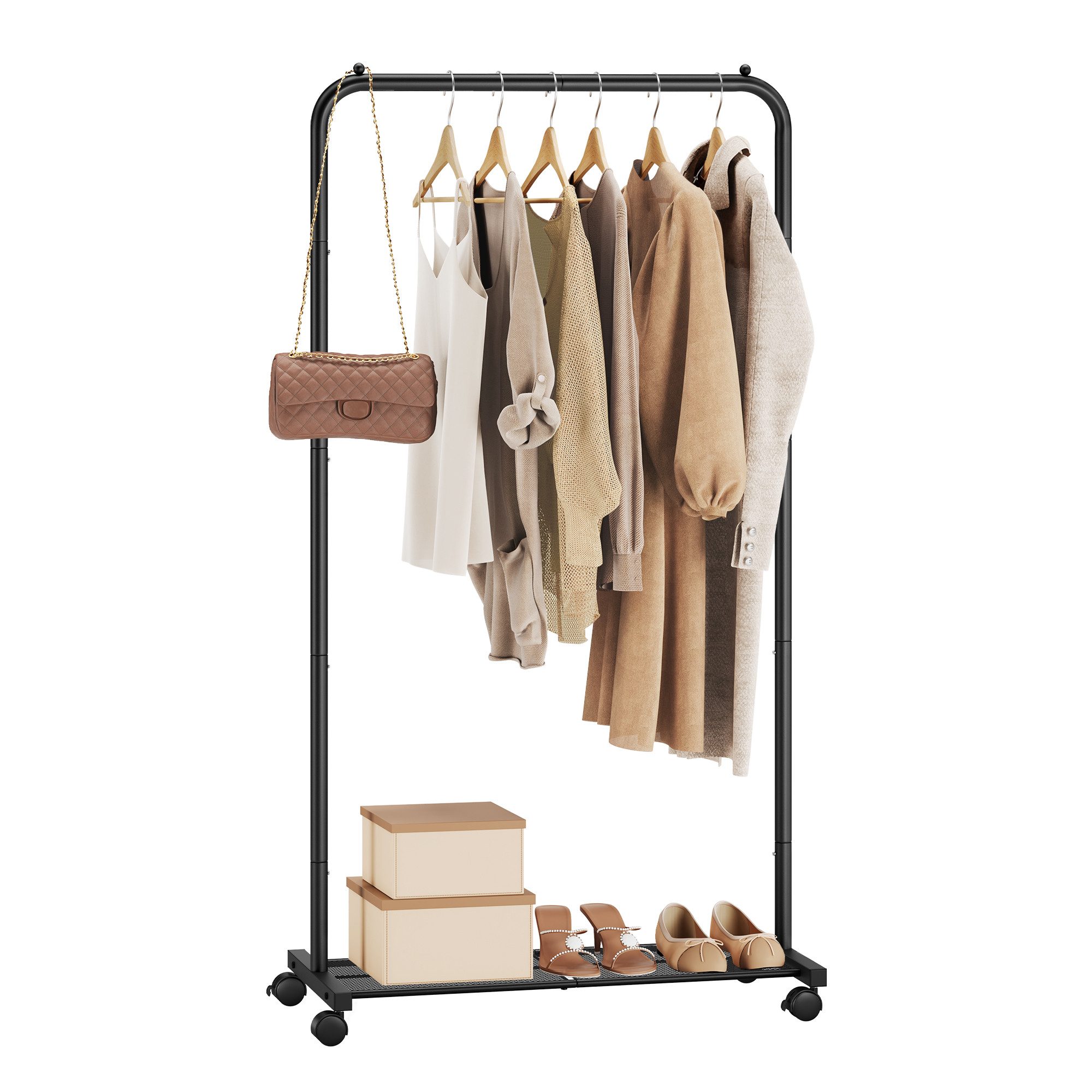 SONGMICS Kleiderständer Kleiderstange auf Rollen, Garderobenständer 74 cm breit, Rollgarderobe mit Gitterablage, bis 35 kg belastbar, 2 Rollen