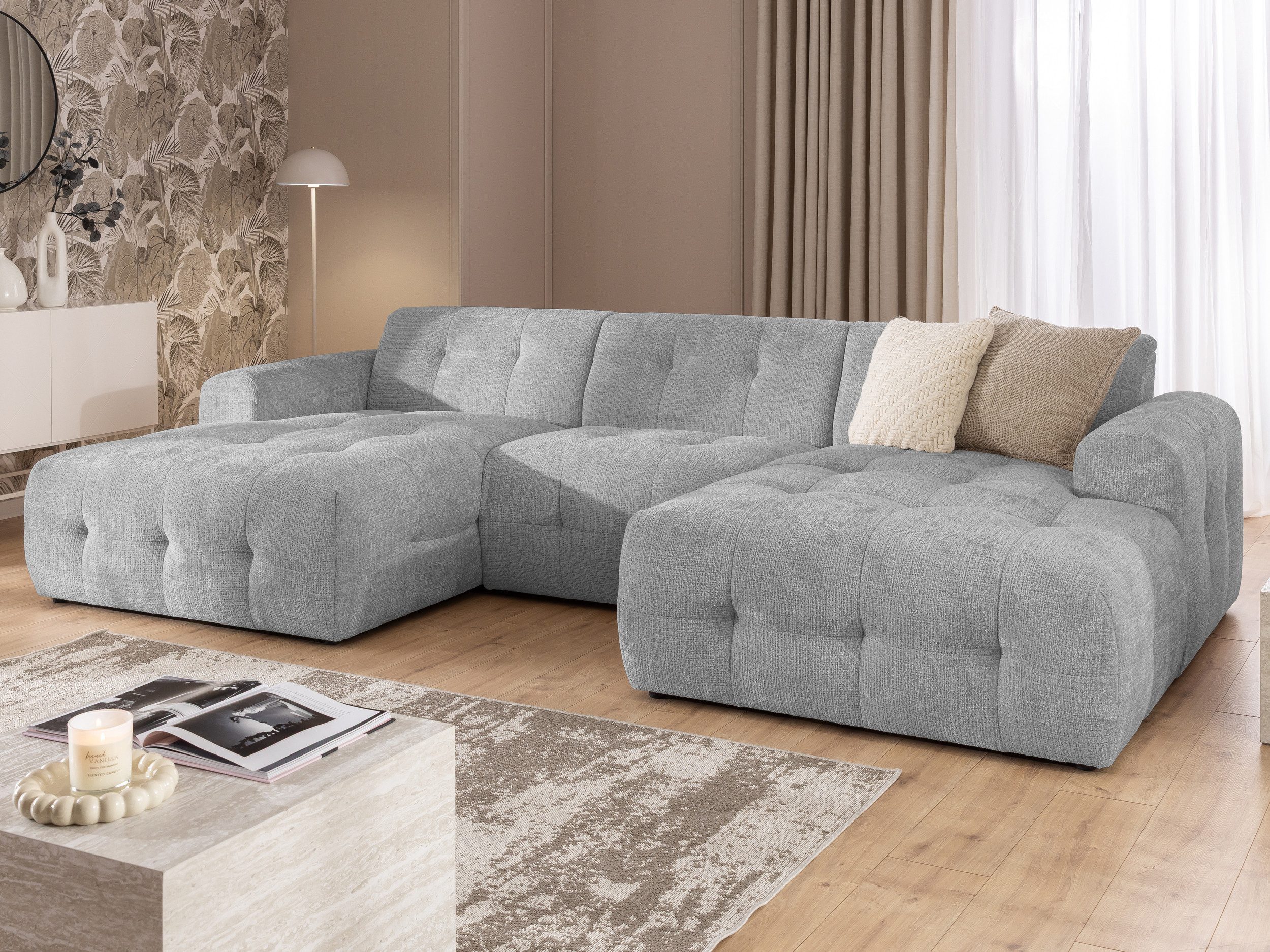 S-Style Möbel Wohnlandschaft Kozy im Bumpy-Design mit fester Rückenlehne aus weichem Chenille-Stoff, mit Wellenfederung