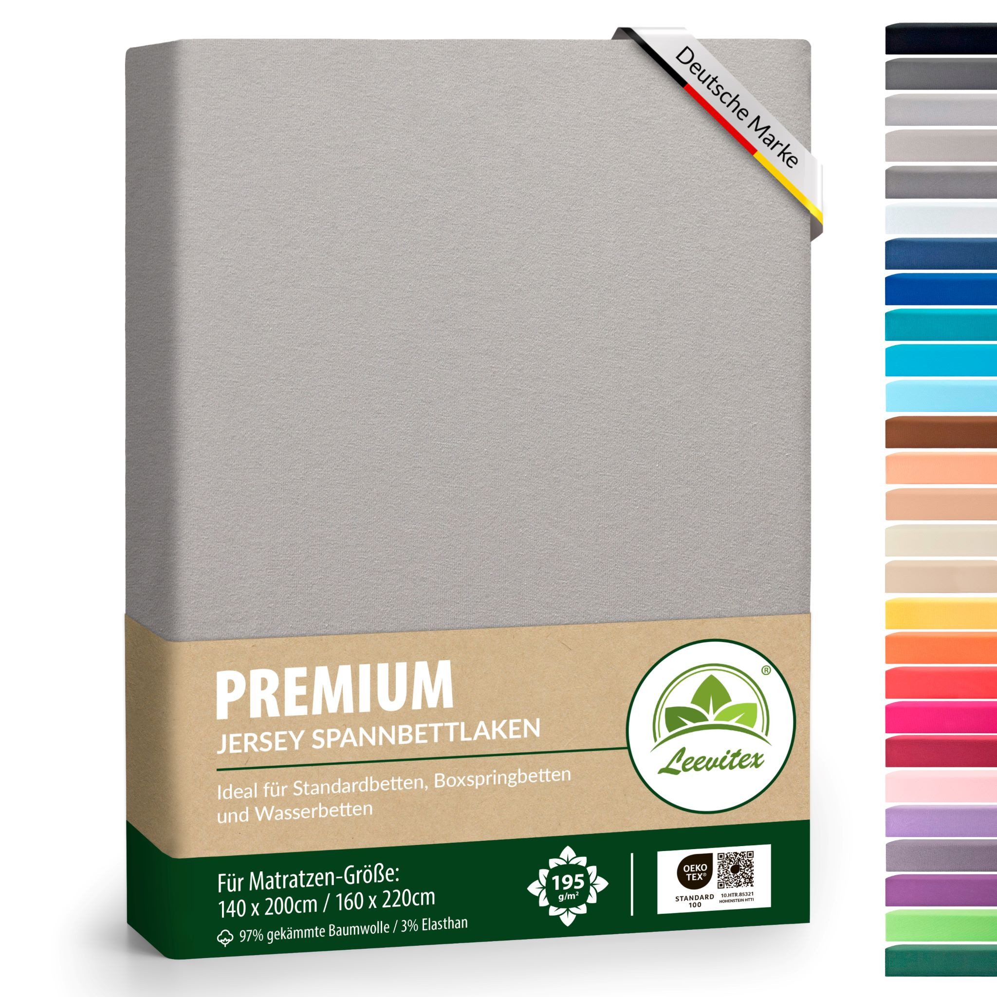 leevitex® Spannbettlaken Premium, verschiedene Größen, Stoffgewicht 195 g/m², 40 cm Steghöhe, Jersey-Elasthan, Gummizug: rundum, (1 Stück), verschiedene Farben, OEKO-TEX® STANDARD 100 zertifiziert