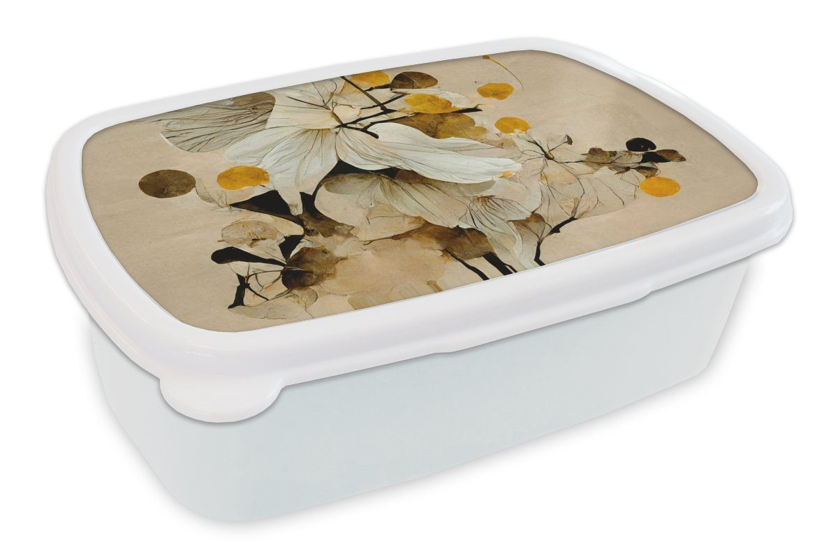 MuchoWow Lunchbox Blumen - Pflanzen - Gold - Vintage, Kunststoff, (2-tlg), Brotbox für Kinder und Erwachsene, Brotdose, für Jungs und Mädchen weiß