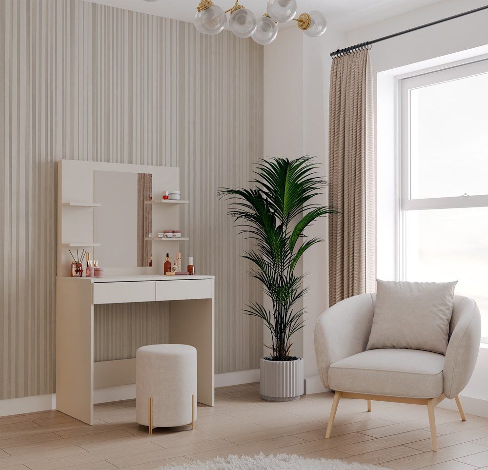 Raumhirsch Furniture Schminktisch Frisiertisch, Kosmetiktisch, Konsolentisch, Schreibtisch (2-in-1-Set mit Schreibtisch, 2 Schubladen), Griffloses Design, Praktischer Stauraum, Eleganter Stil