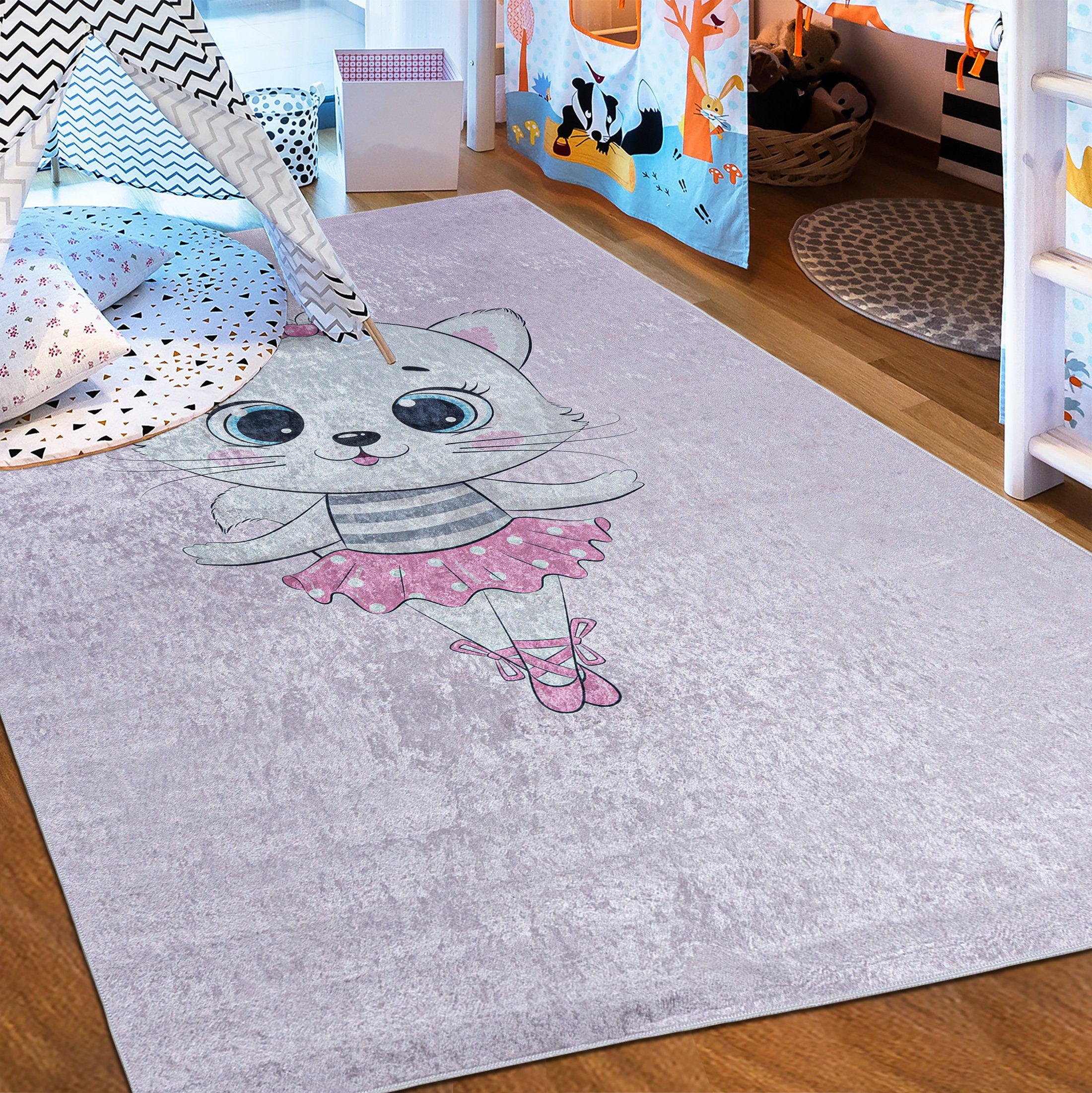 Kinderteppich Kinderteppich Kinderzimmerteppich Katze, Mazovia, 80 x 150 cm, Kurflor, Waschbar in Waschmaschine, Höhe 5 mm, Rutschfest Rosa Pink / 42830