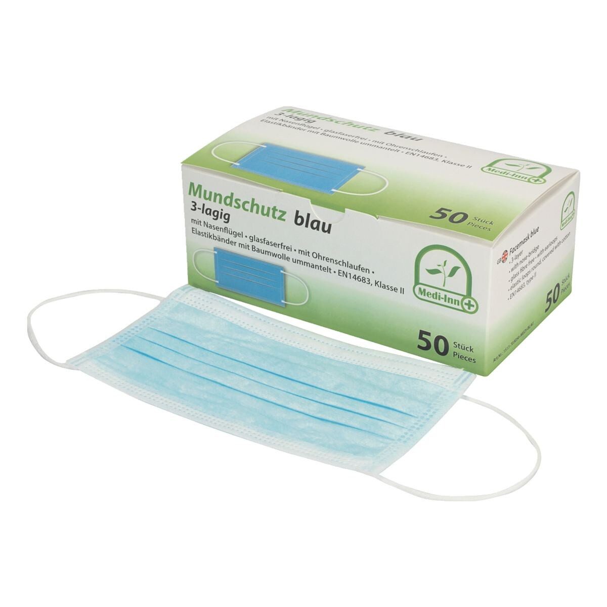 Medi-Inn Medizinischer Mund-Nasen-Schutz Mundschutz 3-lagig blau, 50-St., 3-lagig, mit Metallnasenbügel