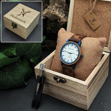 Holzwerk Quarzuhr GARDING Damen & Herren Holz Armband Uhr mit Datum, braun, weiß & blau