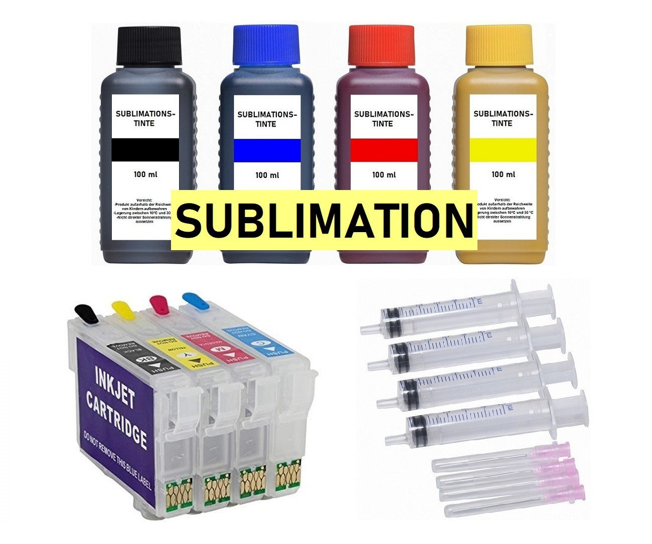 inkpro nachfüllbare Patronen 502 XL mit 4 x 100 ml Sublimationstinte, Tintenpatrone (für Epson Expression Home XP-5100, XP-5105, XP-5115, XP-5150, XP-5155, WorkForce WF-2800, WF-2860 DWF, WF-2865 DWF, WF-2880 DWF, mit Sublimationstinte schwarz, cyan, magenta, gelb)