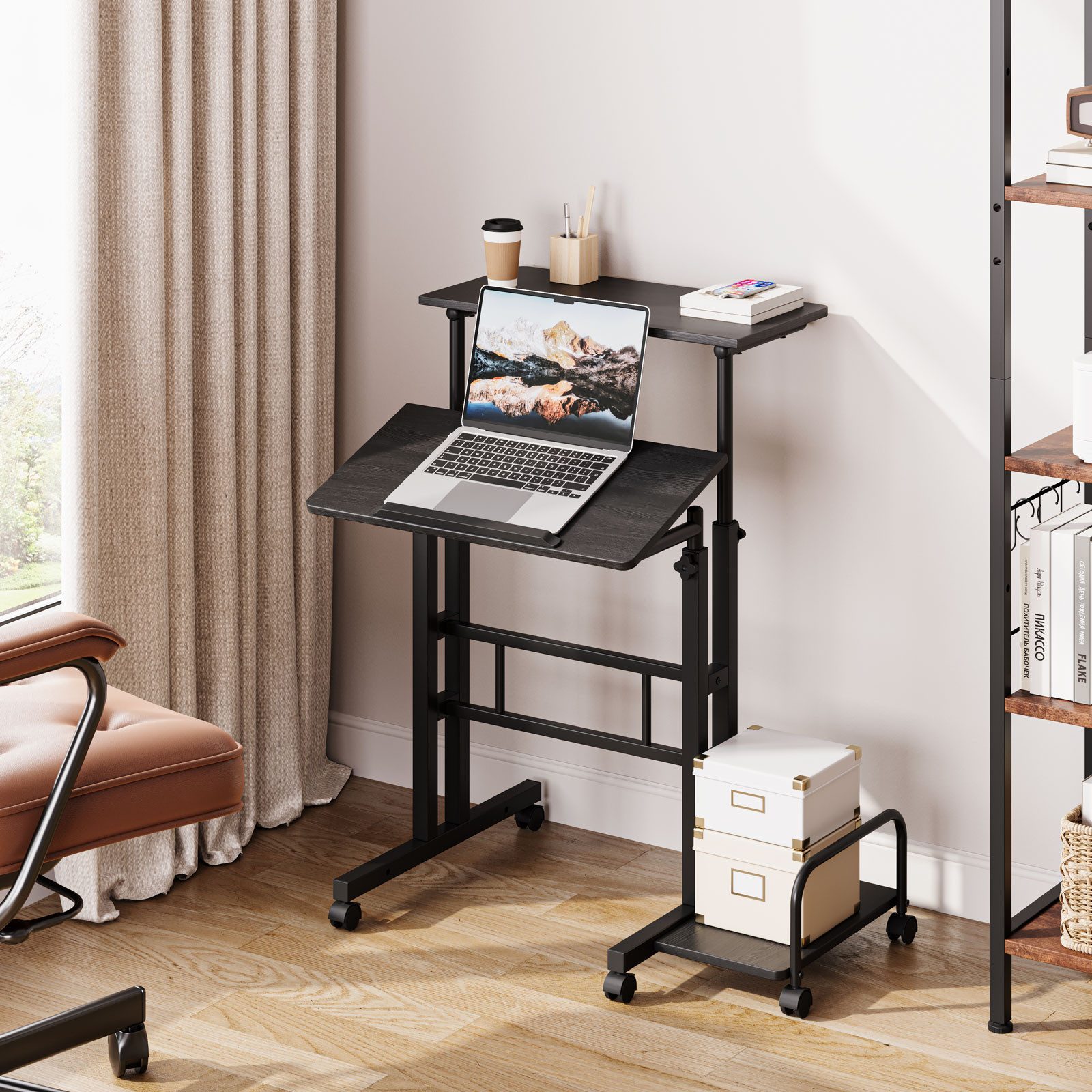 OUNUO Schreibtisch Laptoptisch Höhenverstellbar mit Rollen und kippbarer Ti günstig online kaufen