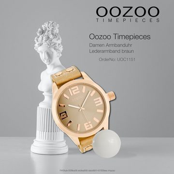 OOZOO Quarzuhr Oozoo Damen Armbanduhr sand, (Analoguhr), Damenuhr rund, extra groß (ca. 46mm) Lederarmband, Fashion-Style