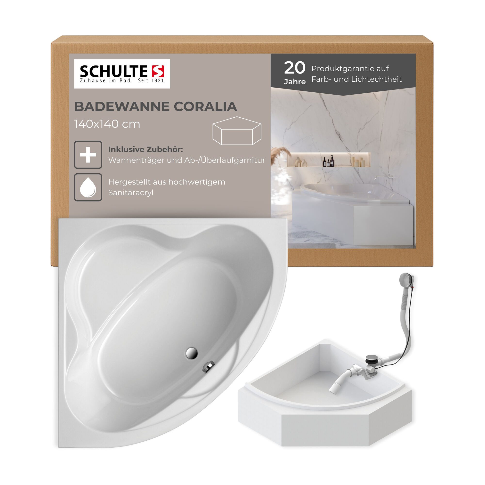 Schulte Badewanne Coralia, Eckbadewanne, Sanitäracryl, Weiß, (Komplett-Set), 140x140 cm, mit Wannenträger und Ablauf