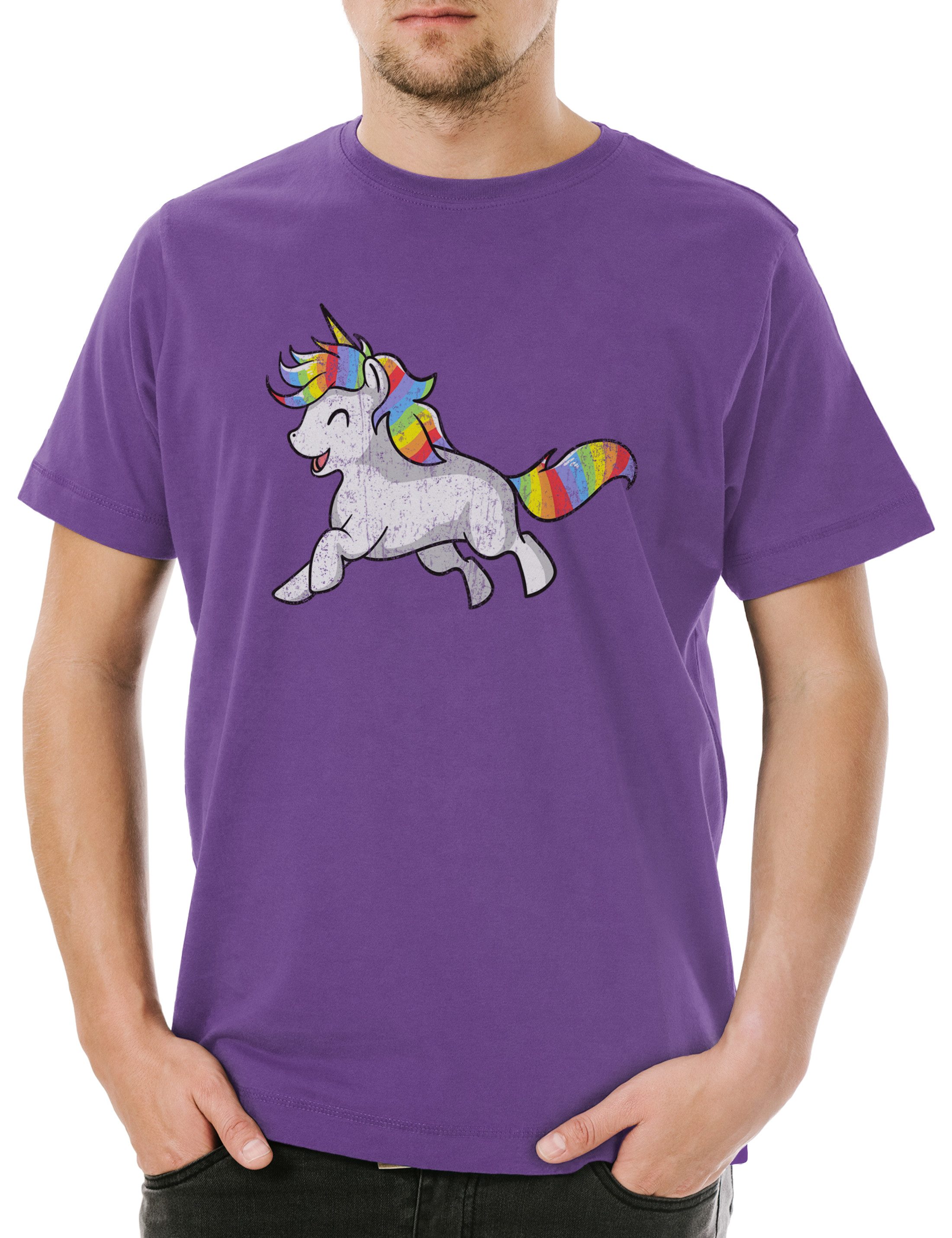 Urban Backwoods Print-Shirt Happy Unicorn Herren T-Shirt Comic Einhorn Regenbogen Rainbow Cartoon (1-tlg) Cute Gay Lesbian LGBTQ