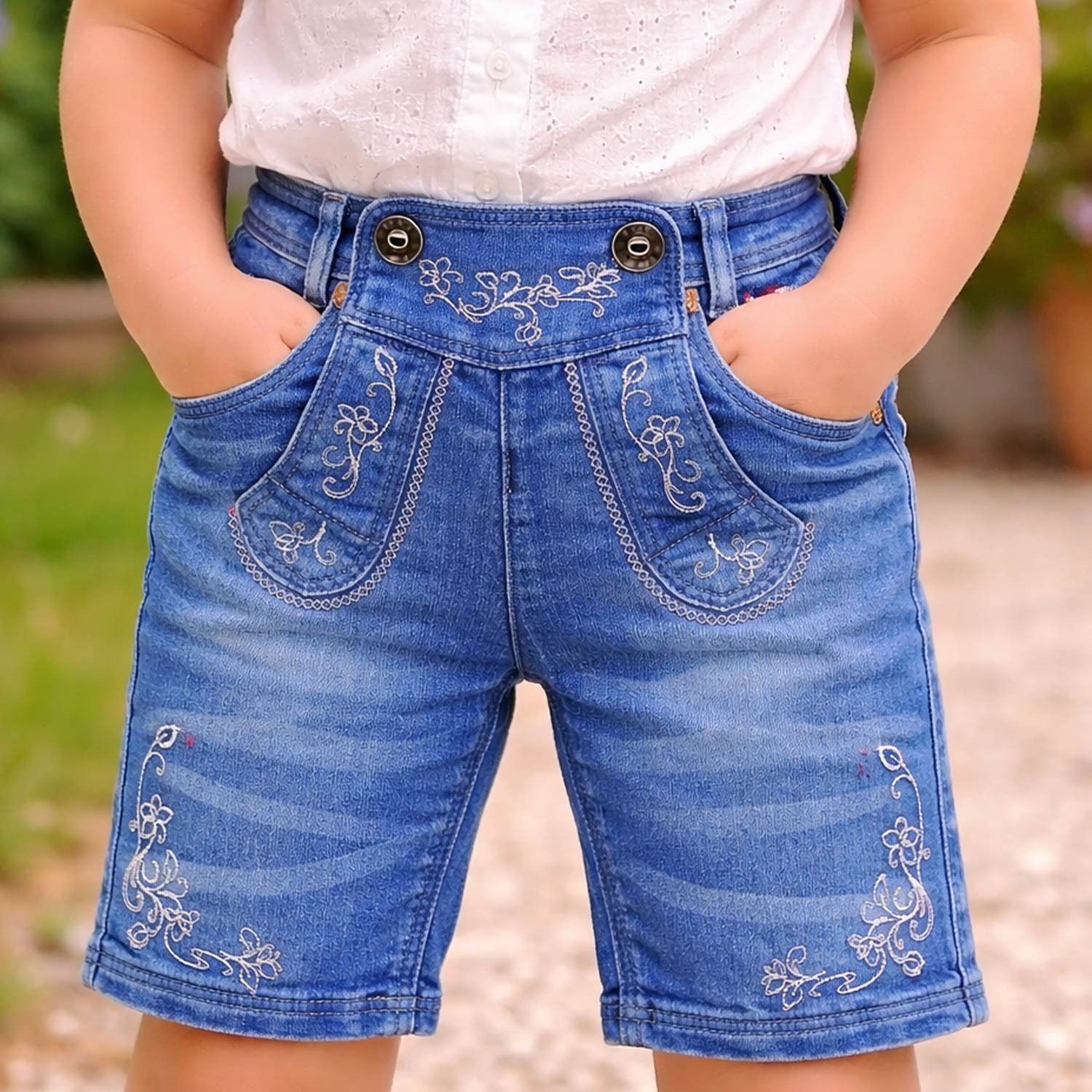 BONDI Trachtenlederhose Mädchen Trachten Jeans Bermuda Hose 26087, Blue D – Bild 5 von 5
