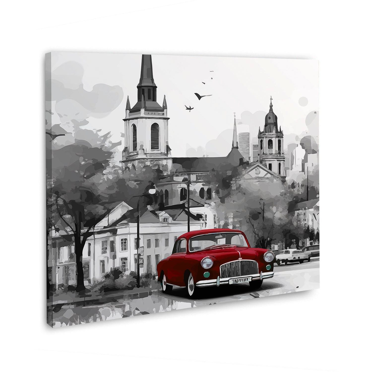 Artedinoi Leinwandbild Auto Oldtimer rot SW Leinwandbild Wandbild Kunst XXL Deko