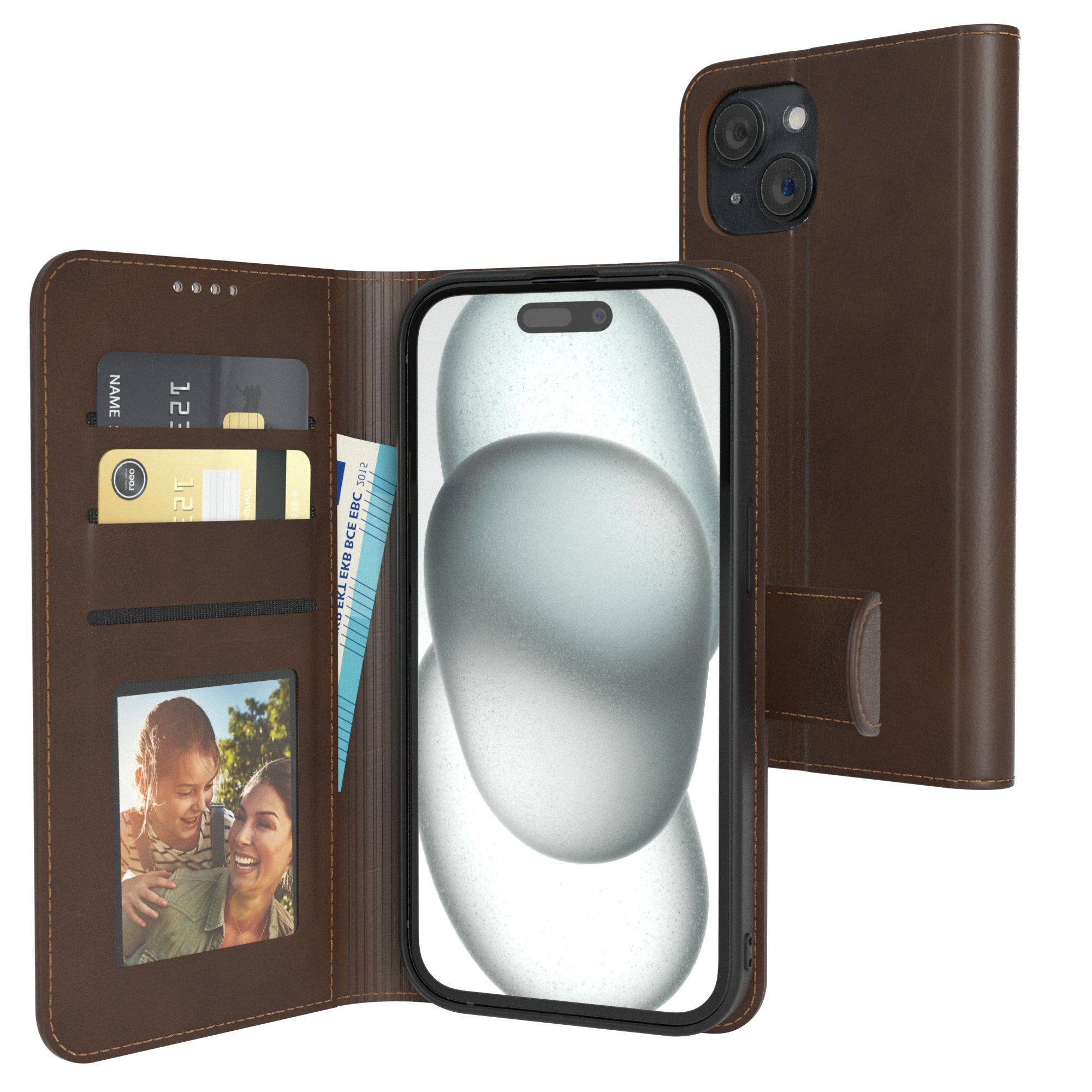 EAZY CASE Handyhülle Business Handytasche Kartenfächer für iPhone 15 6,1 Zoll, Tasche Klapphülle aus Kunstleder Book Cover mit Kartenfächer Braun