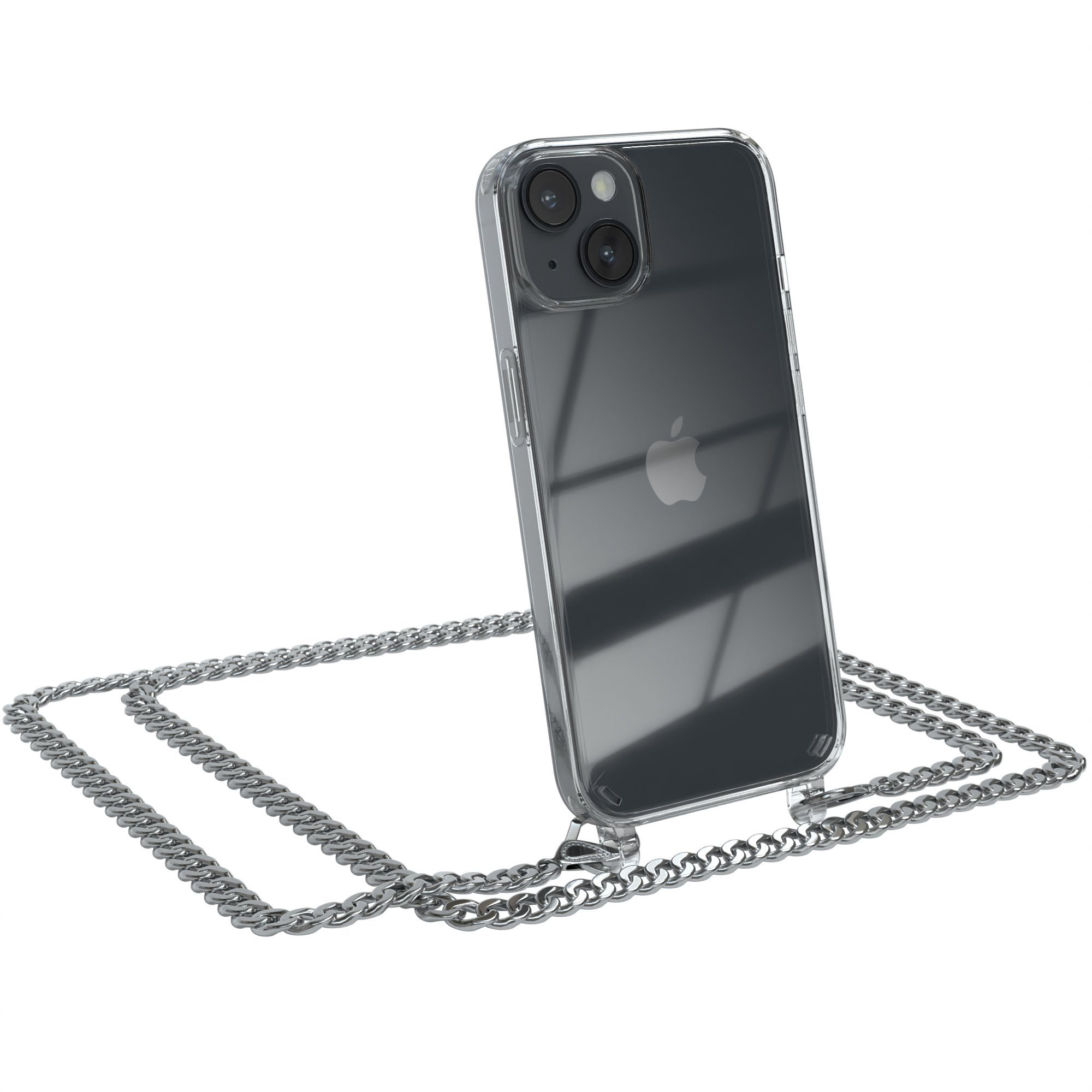 EAZY CASE Handykette 2in1 Metallkette für Apple iPhone 14 6,1 Zoll, Hülle mit Kette Metallkette Slimcover Handykette Umhängetasche Silber
