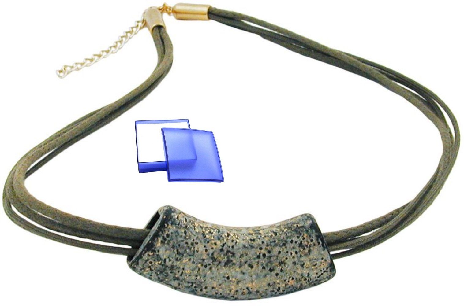 unbespielt Collier Rohr flach gebogen stein- oliv gesprenkelt matt Kunststoff 45 cm, Modeschmuck für Damen