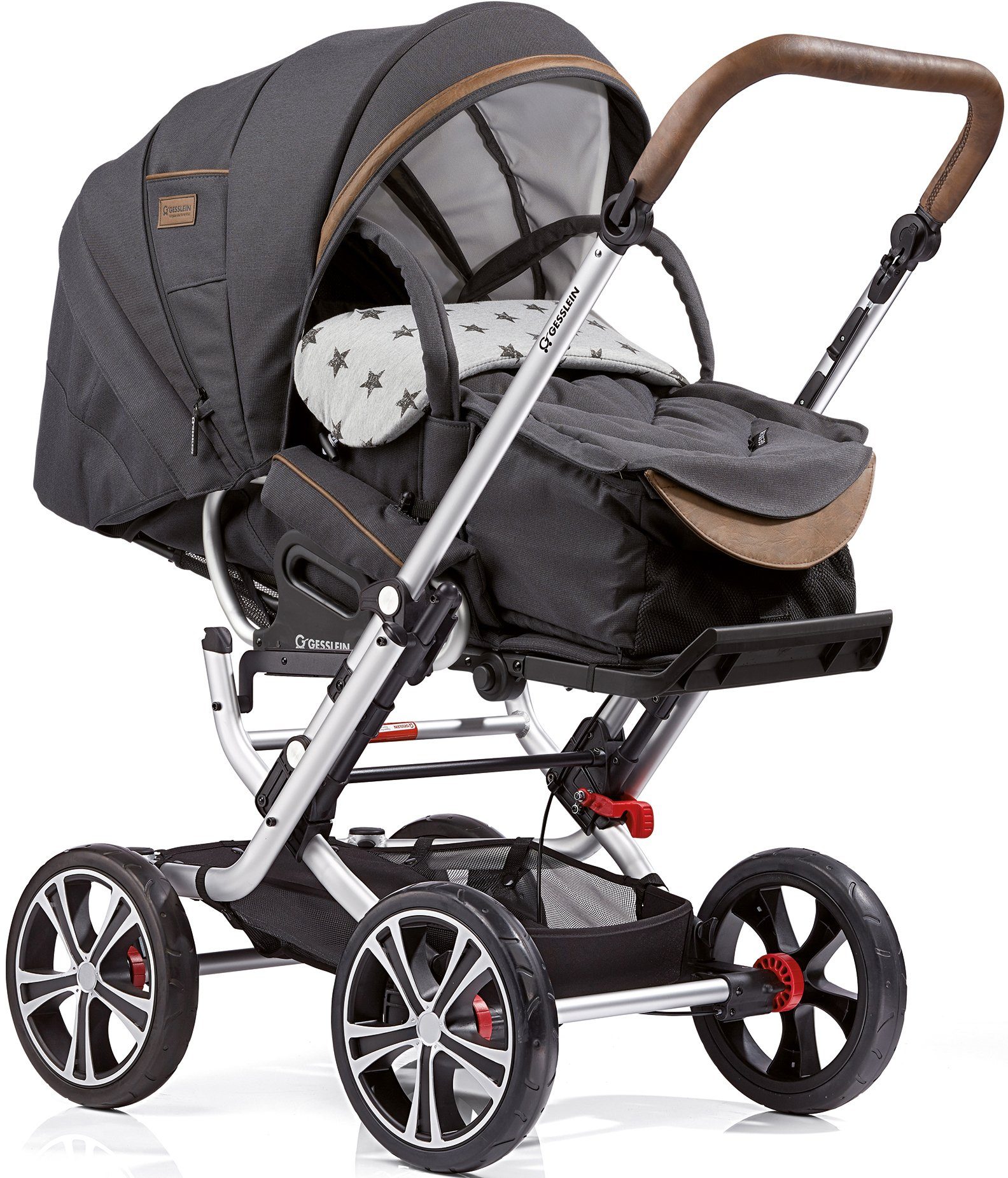 Gesslein Kombi-Kinderwagen F10 aus Air+, recyceltem grau, anthrazit/Sterne C1 zum Material Lift; eloxiert/tabak, mit Tragetasche Teil