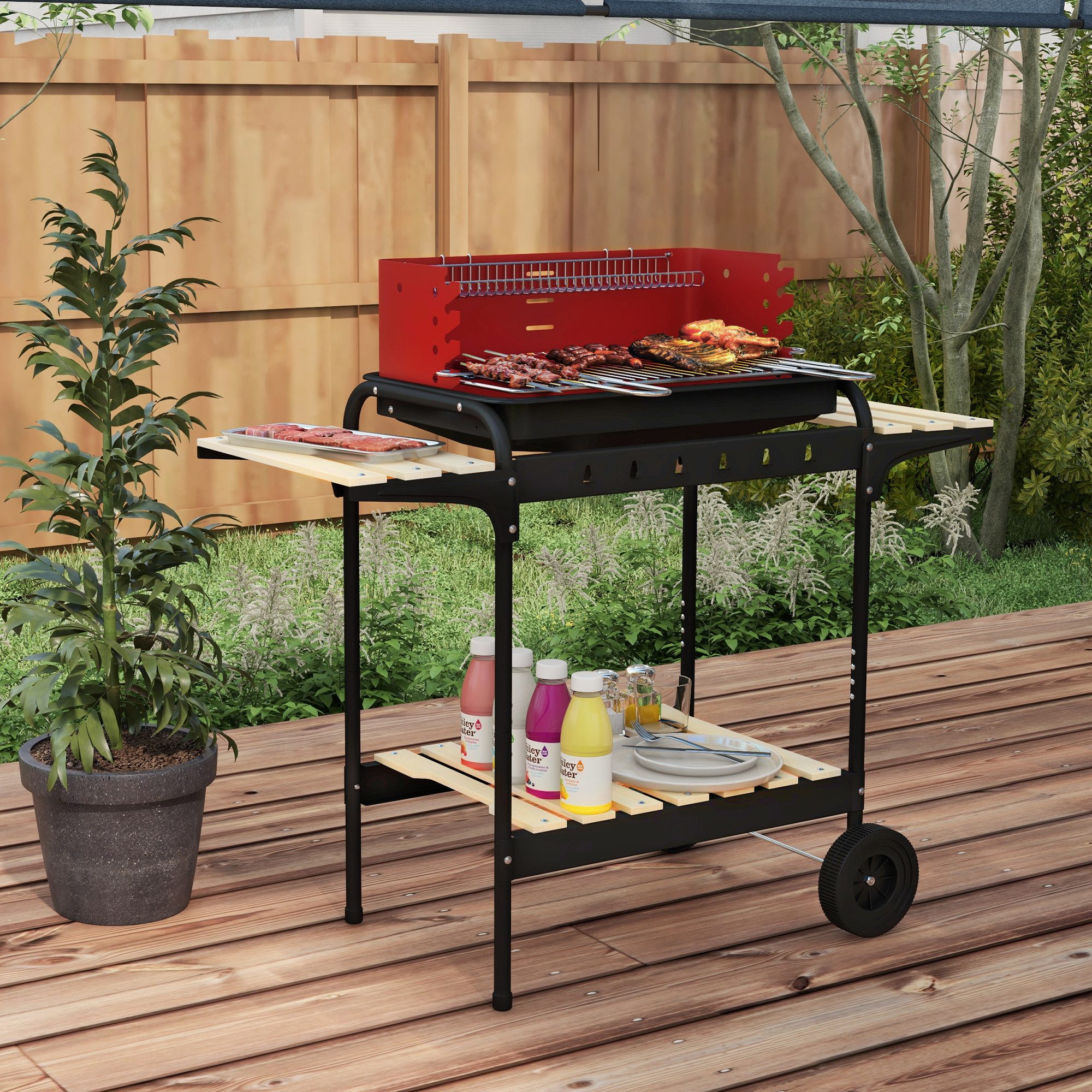 Outsunny Holzkohlegrill mit Räder, höheverstellbar Grillrost, Holzablage, BBQ Smoker, fahrbar Grillwagen, für Barbeque Camping, Terrasse, 95 x 71,5 x 102 cm
