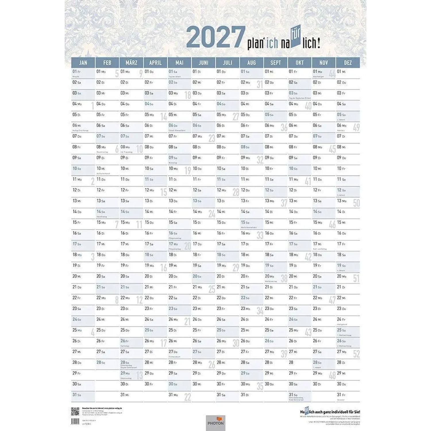Photon Dust Wandkalender Jahresplaner "TÜRPLANER" Kalender 2027